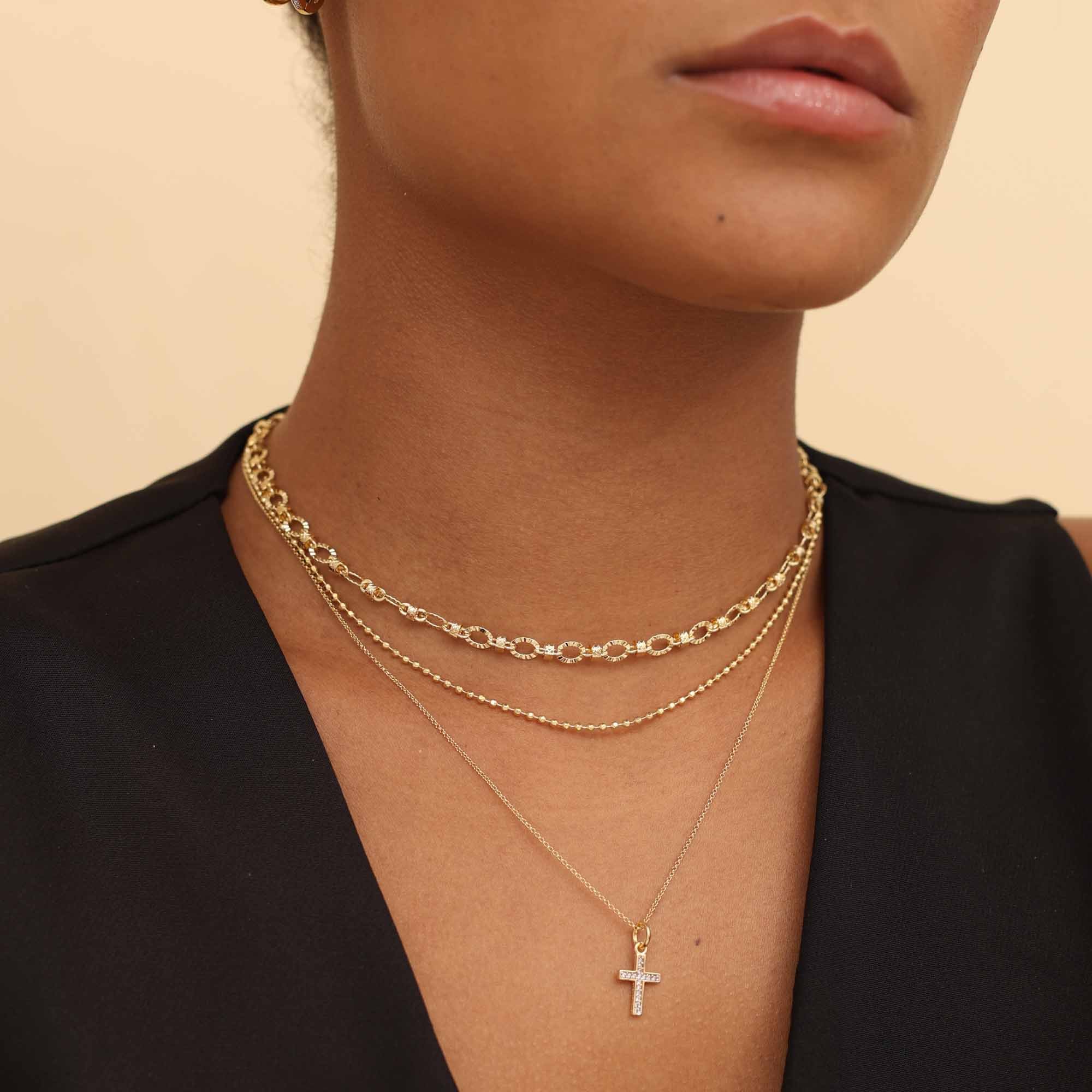 Colar Folheado a Ouro 18k Elo Português Pingente Crucifixo Cravejado P Dourado 3