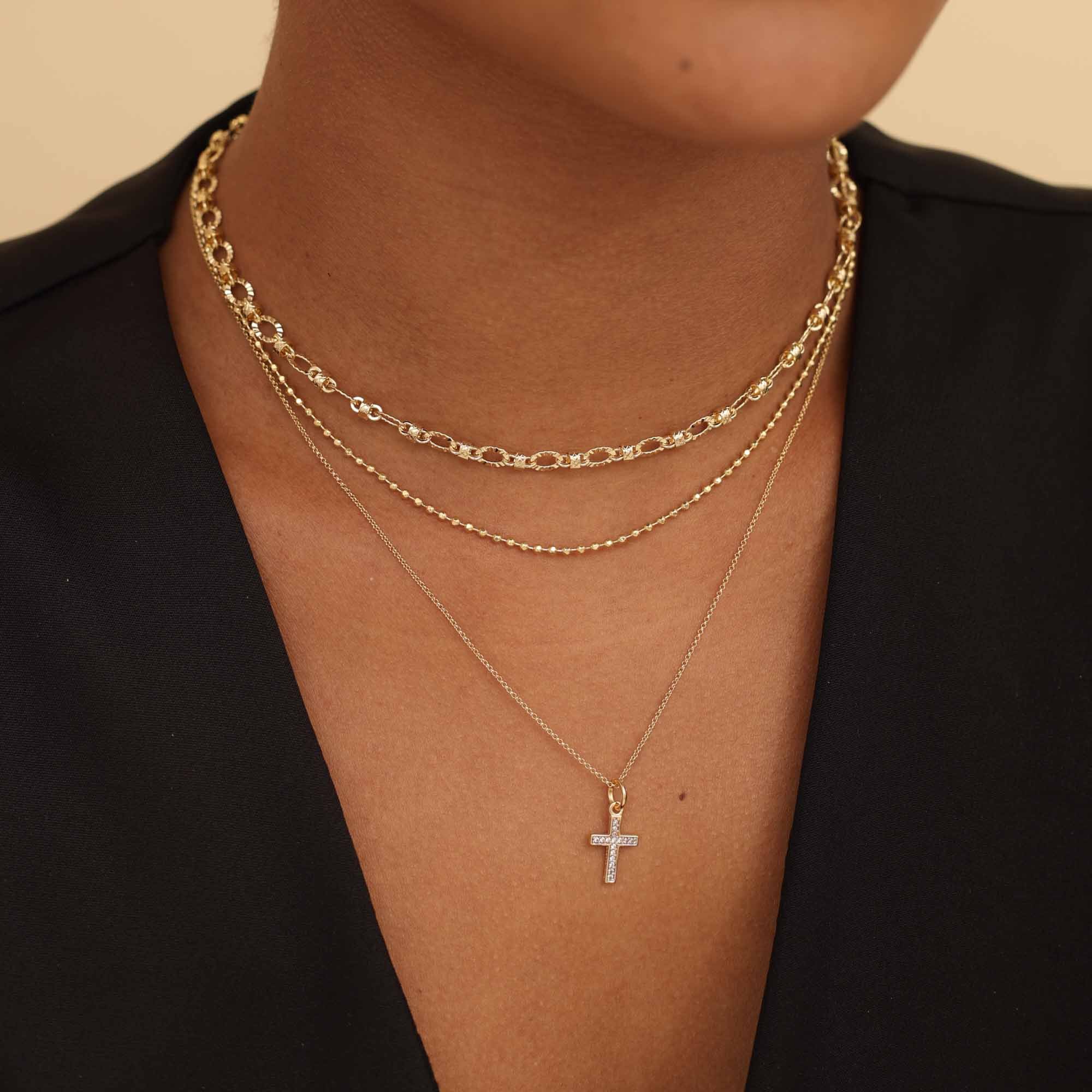 Colar Folheado a Ouro 18k Elo Português Pingente Crucifixo Cravejado P Dourado 5