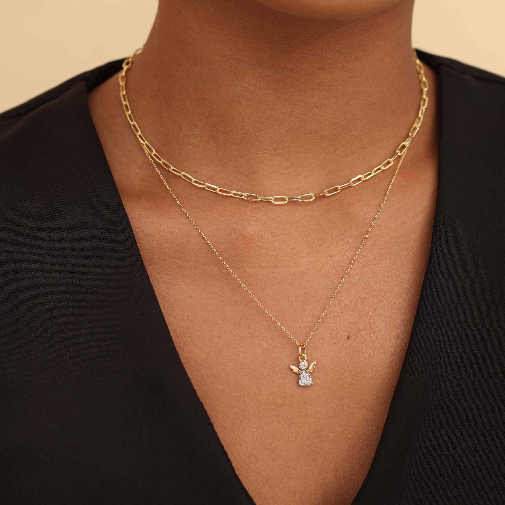 Colar Folheado a Ouro 18k Pingente Anjo da Guarda Cravejado Dourado 2