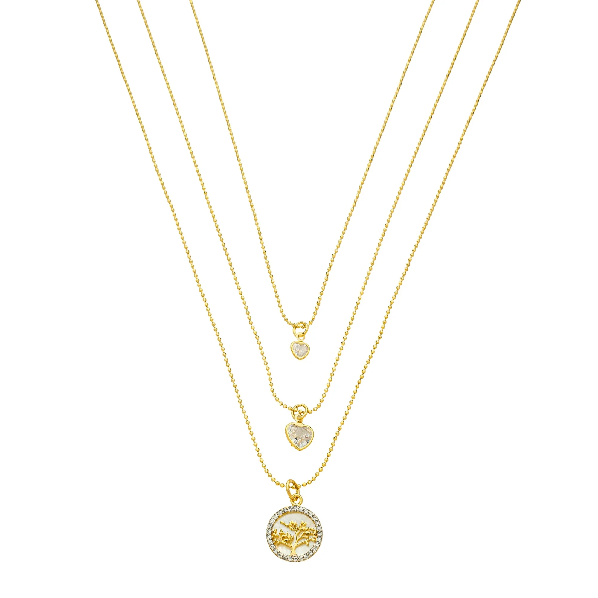 Colar Folheado a Ouro 18k Triplo Corações e Árvore da Vida