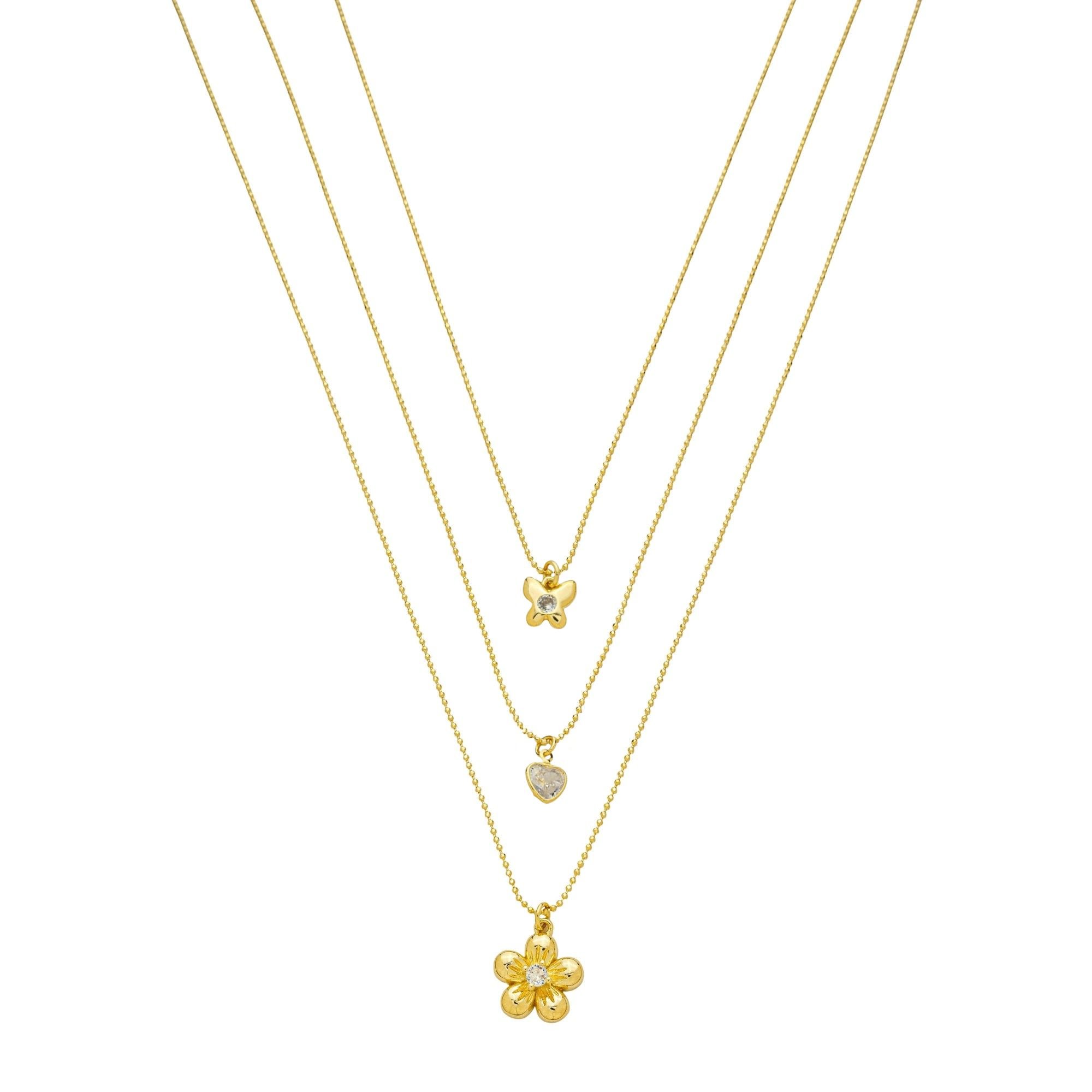 Colar Folheado a Ouro 18k Triplo Pingente Borboleta, Coração e Flor Zircônia