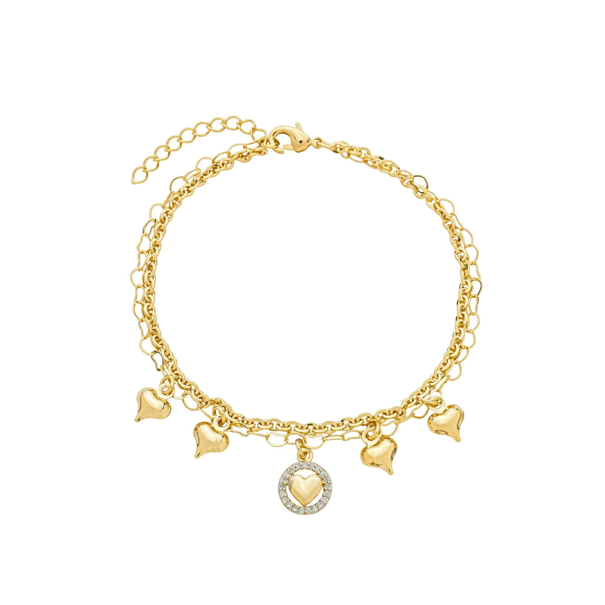 Pulseira Folheado a Ouro 18k Dupla Elo Português e Corações Conectados e Pingente Corações