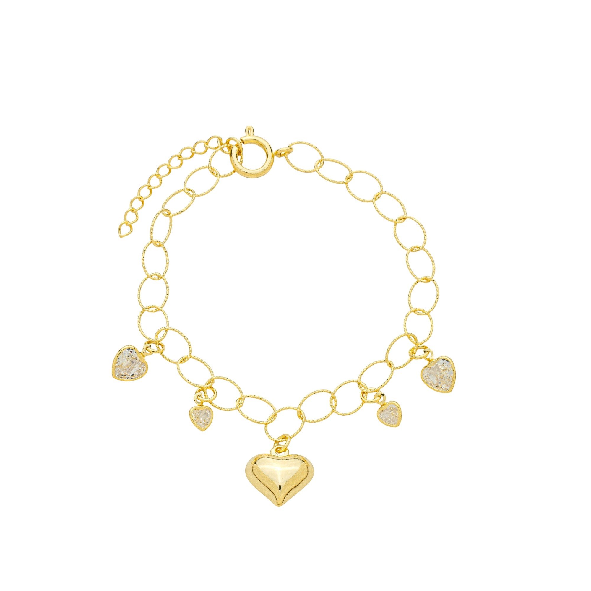 Pulseira Folheado a Ouro 18k Elos Redondos Corações Zircônia e Liso