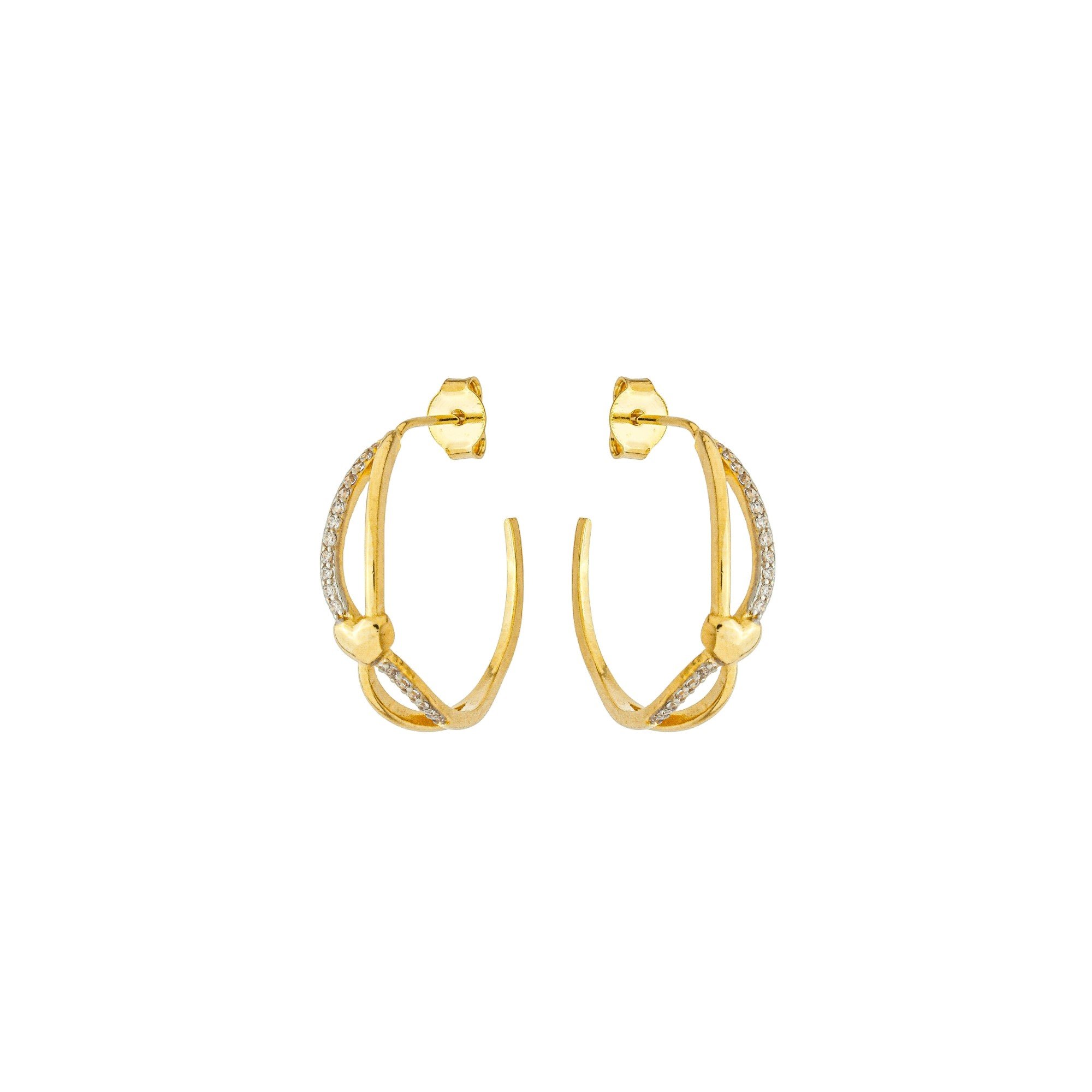 Argola Folheado a Ouro 18k Aro Duplo Meio Cravejado e Coração Liso