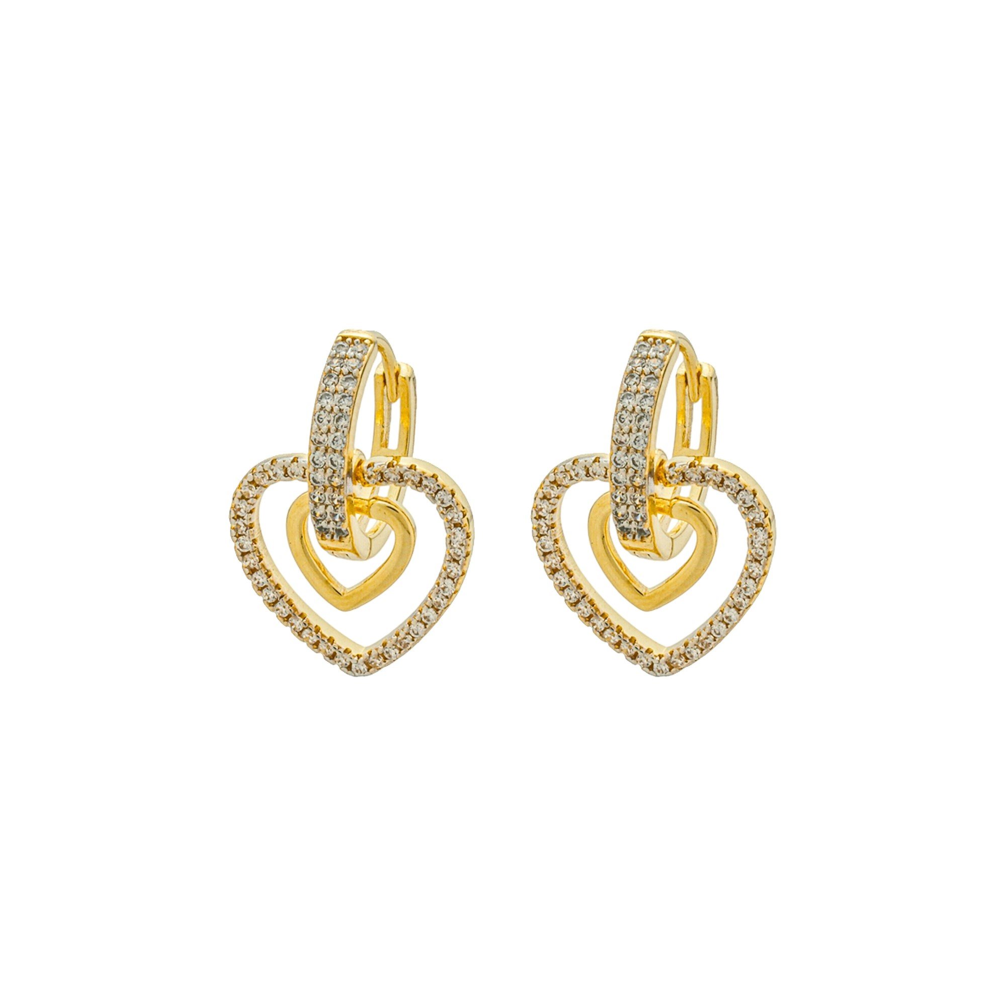 Argolinha Folheado a Ouro 18k Coração Duplo Cravejado e Liso