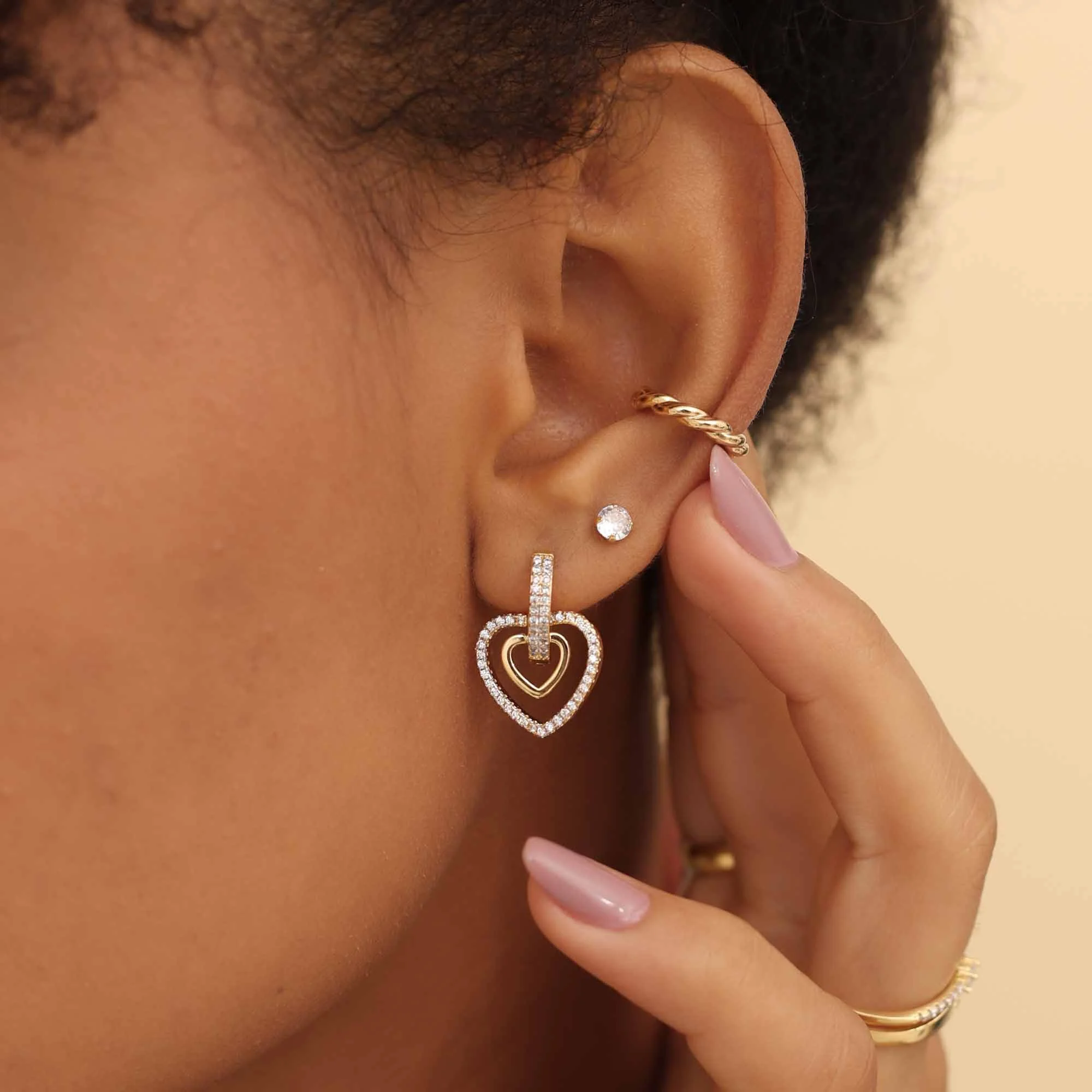 Argolinha Folheado a Ouro 18k Coração Duplo Cravejado e Liso Dourado 2