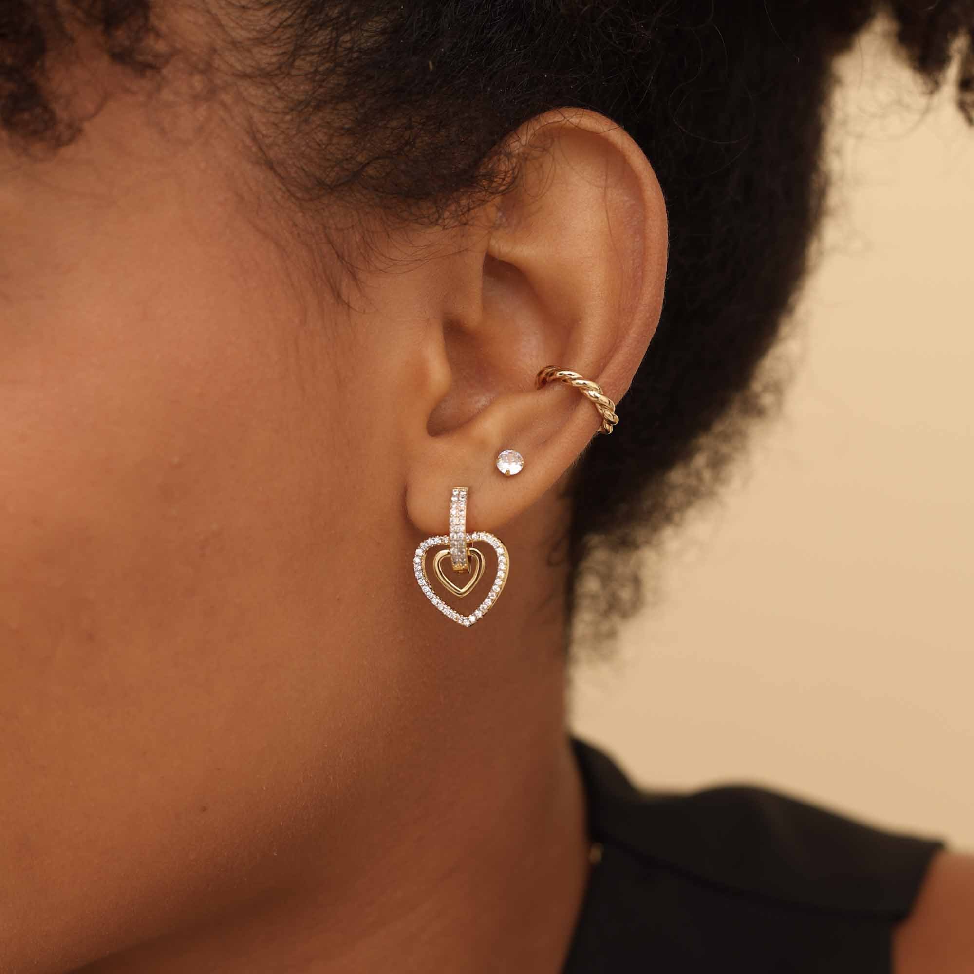 Argolinha Folheado a Ouro 18k Coração Duplo Cravejado e Liso Dourado 3