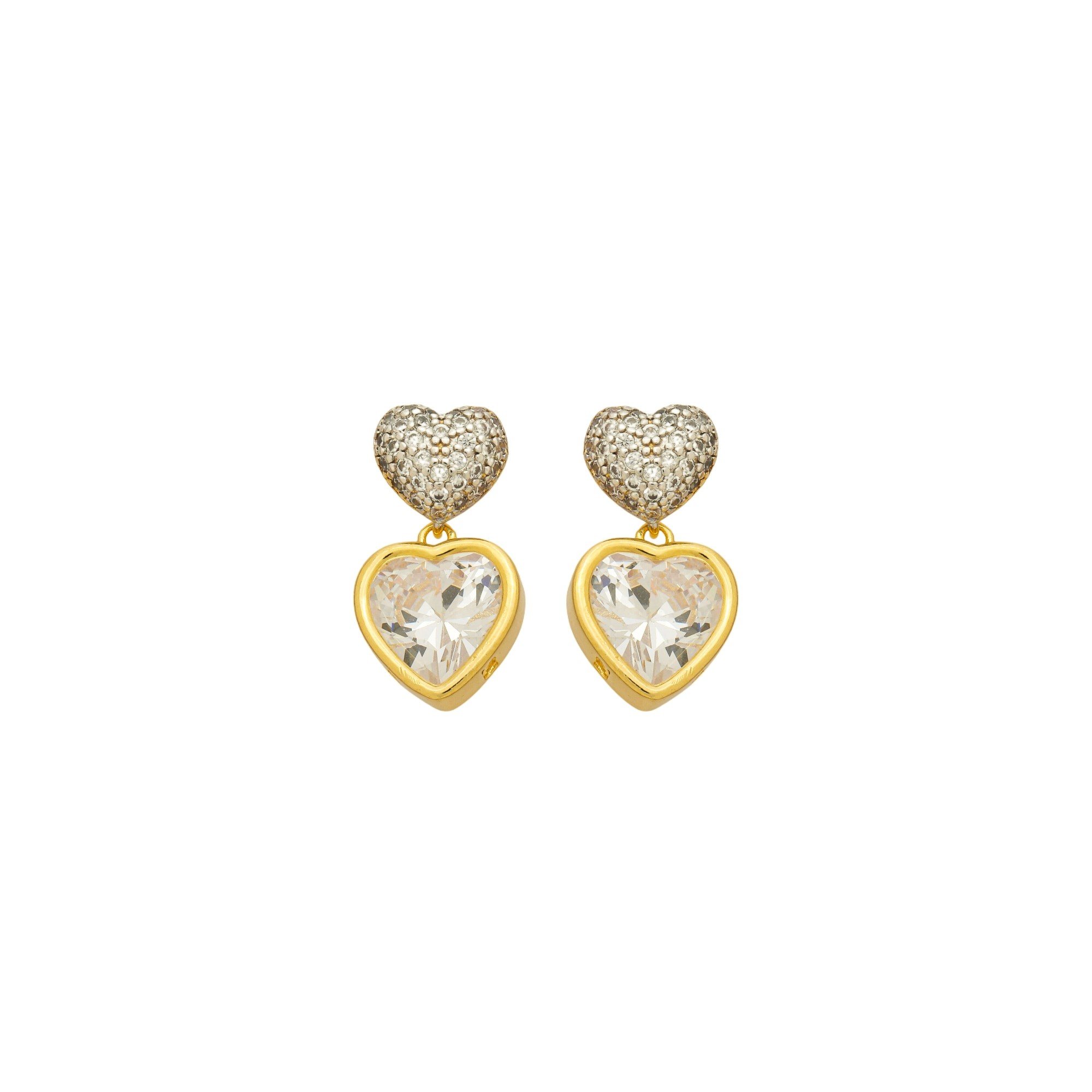 Brinco Folheado a Ouro 18k Coração Duplo Cravejado e Zircônia Transparente