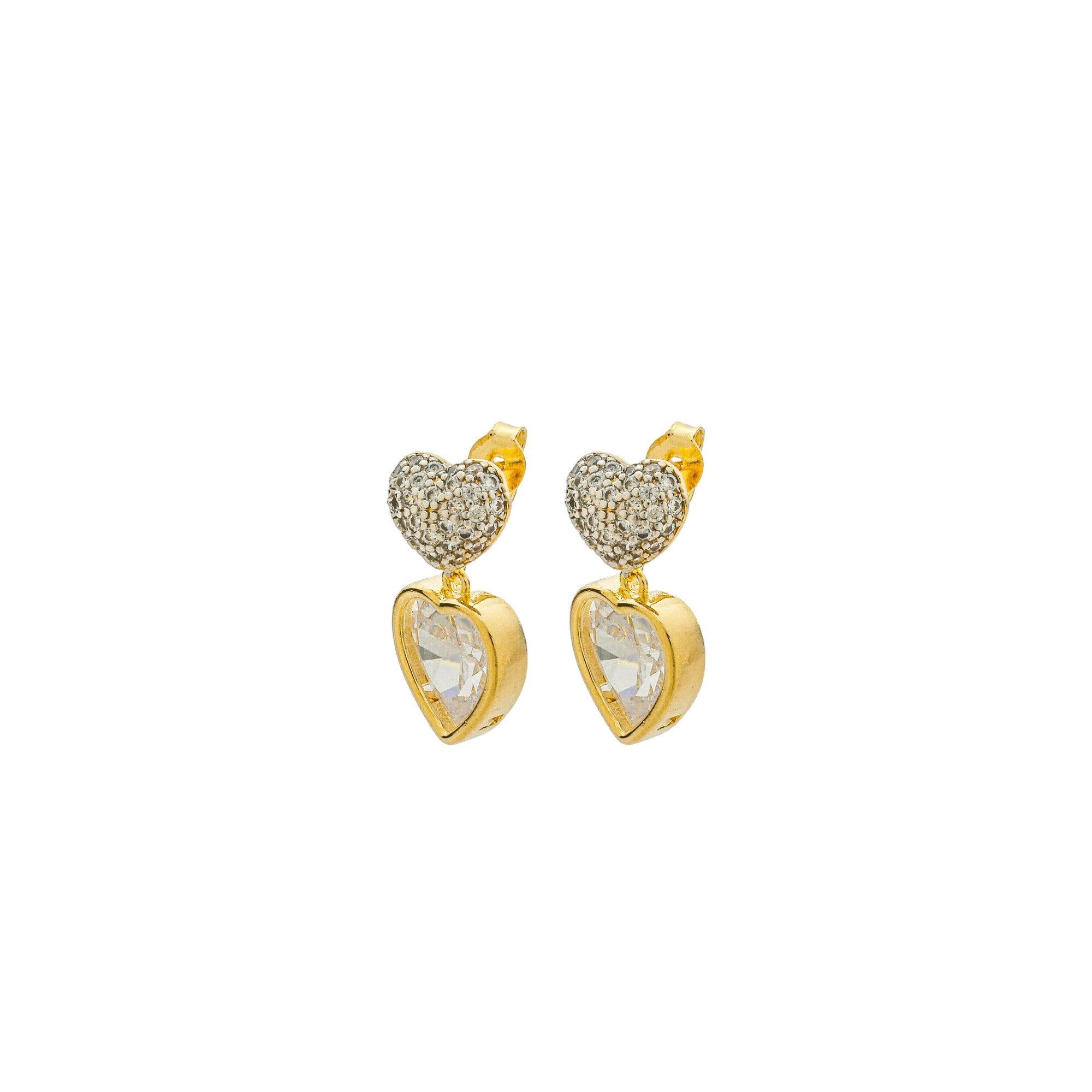 Brinco Folheado a Ouro 18k Coração Duplo Cravejado e Zircônia Transparente Dourado 3