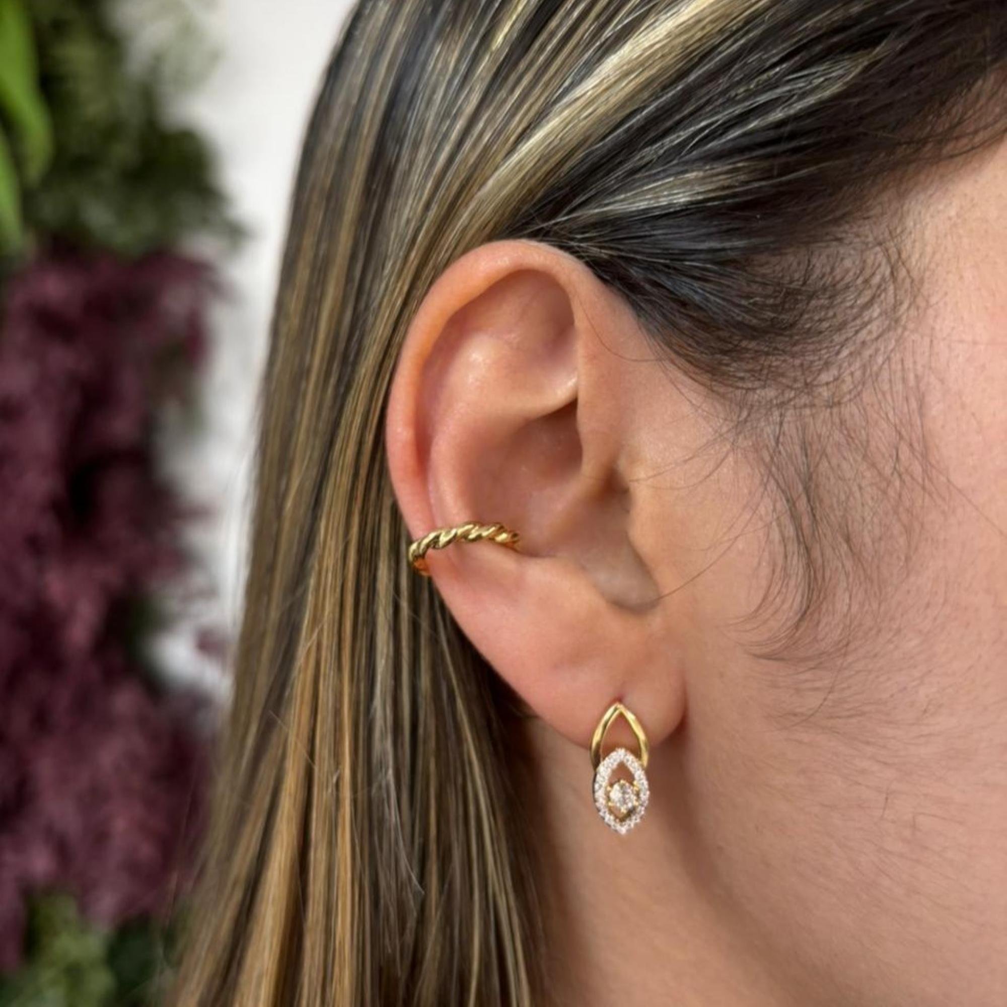 Brinco Folheado a Ouro 18k Geométrico Olho Grego Cravejado Dourado 2