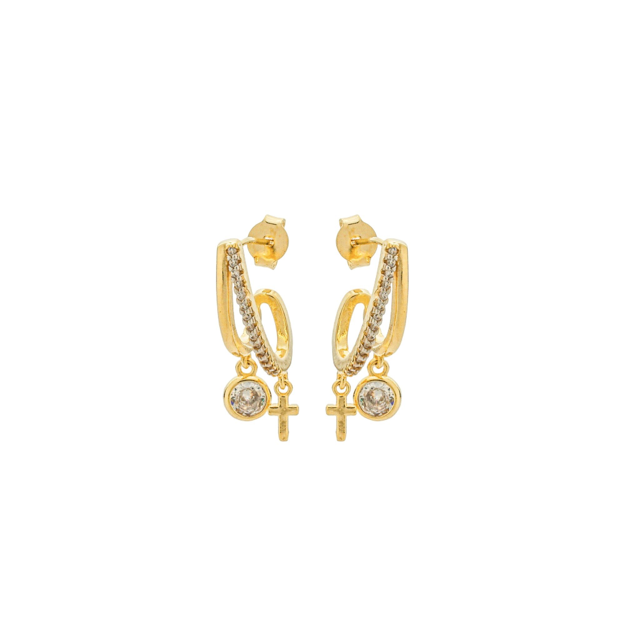 Brinco Folheado a Ouro 18k Meia Argola Pingente Ponto de Luz e Crucifixo