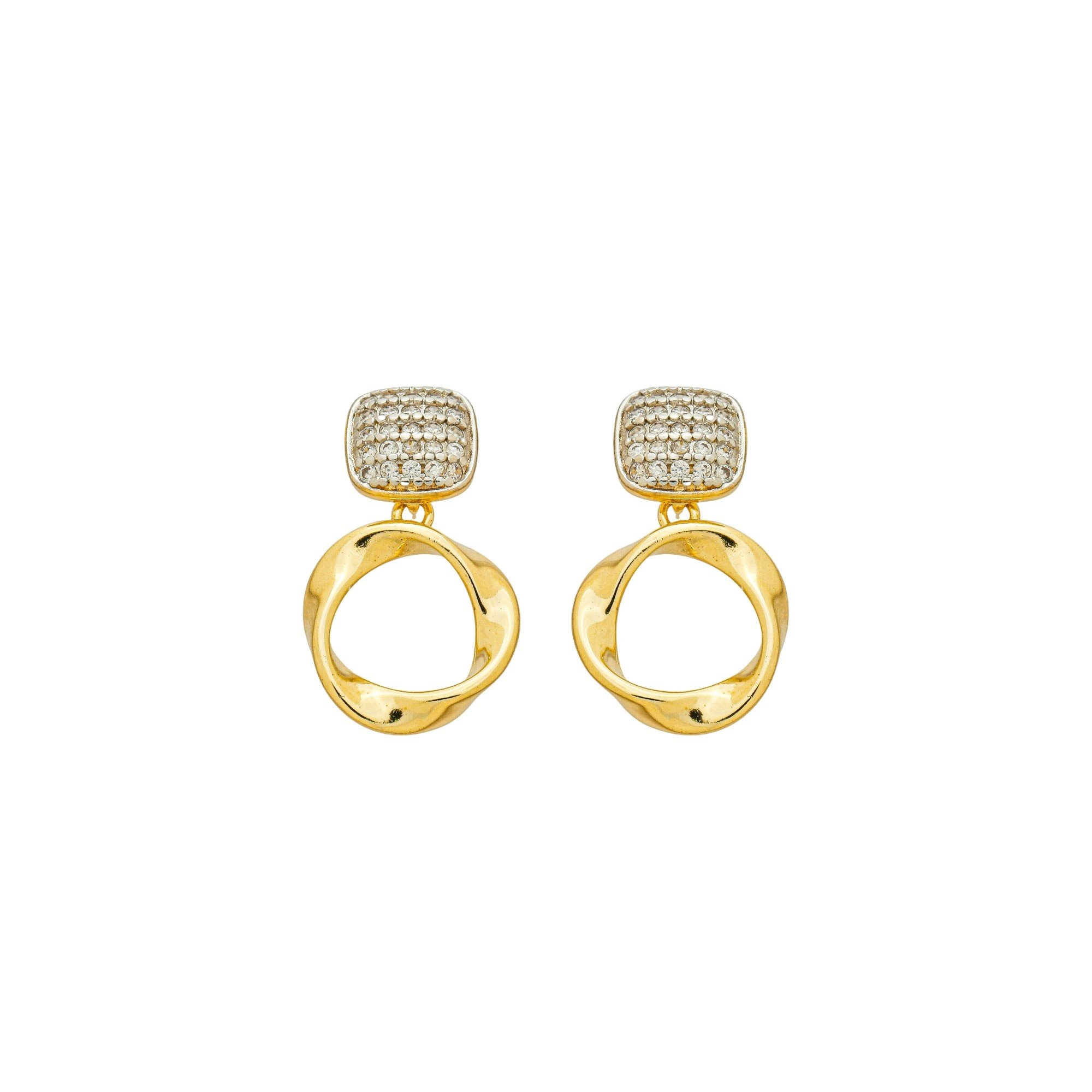 Brinco Folheado a Ouro 18k Quadrado Cravejado e Pingente Orgânico Vazado