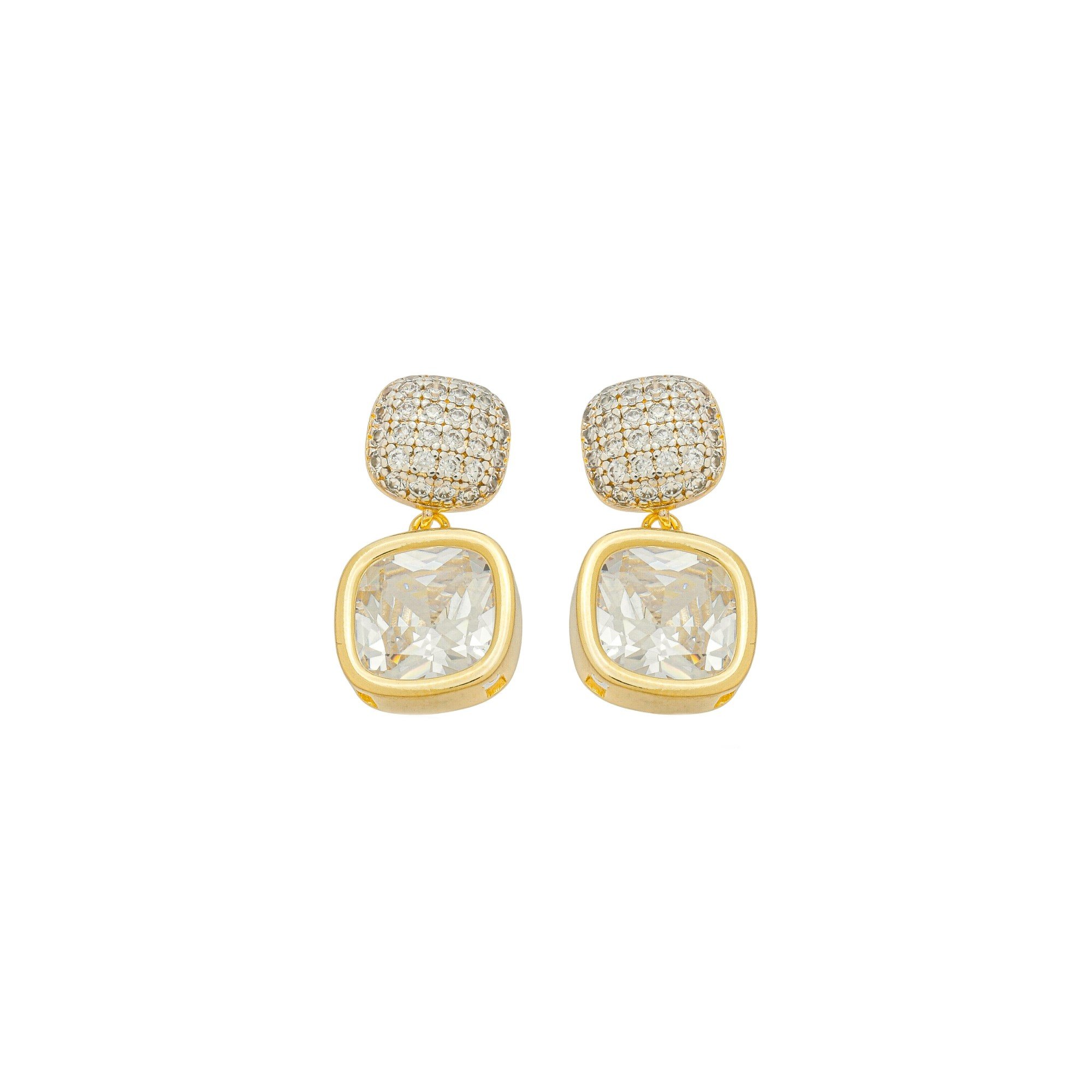 Brinco Folheado a Ouro 18k Quadrado Duplo Cravejado e Zircônia Transparente