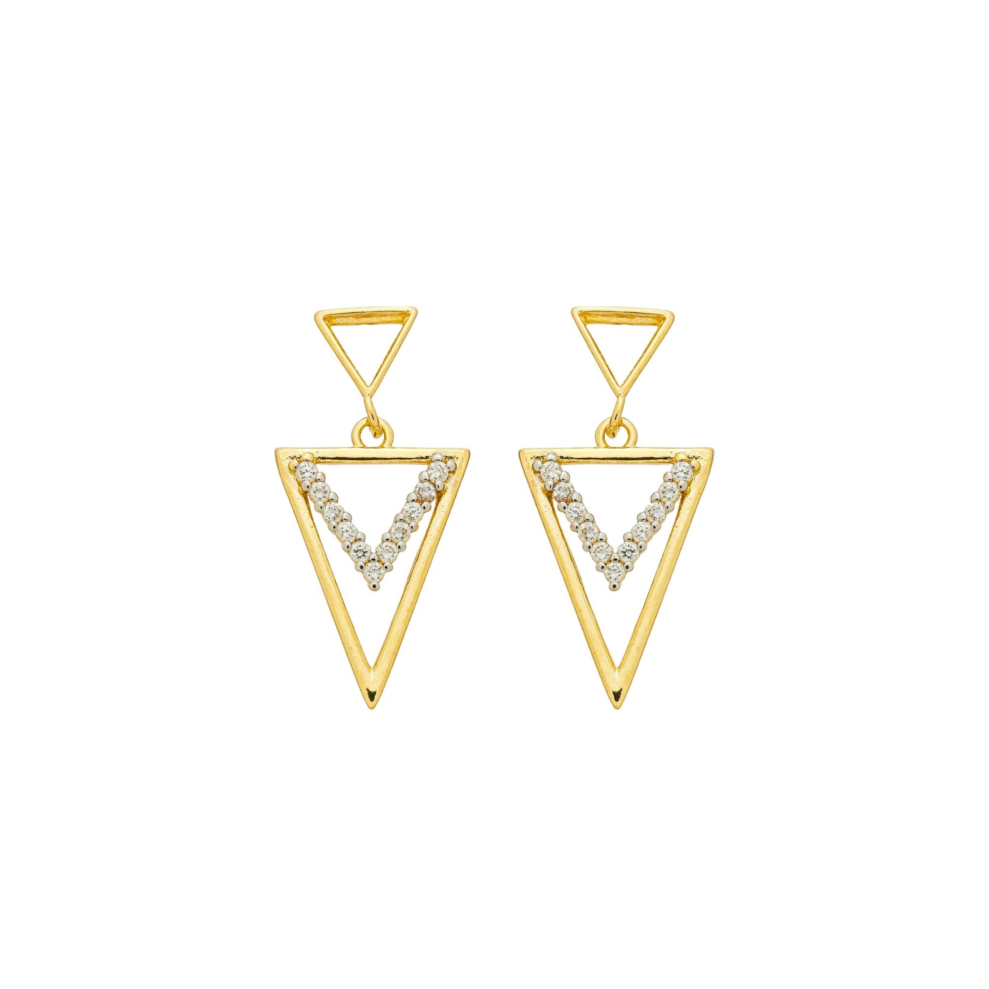 Brinco Folheado a Ouro 18k Triângulo Vazado Triplo Liso e Cravejado