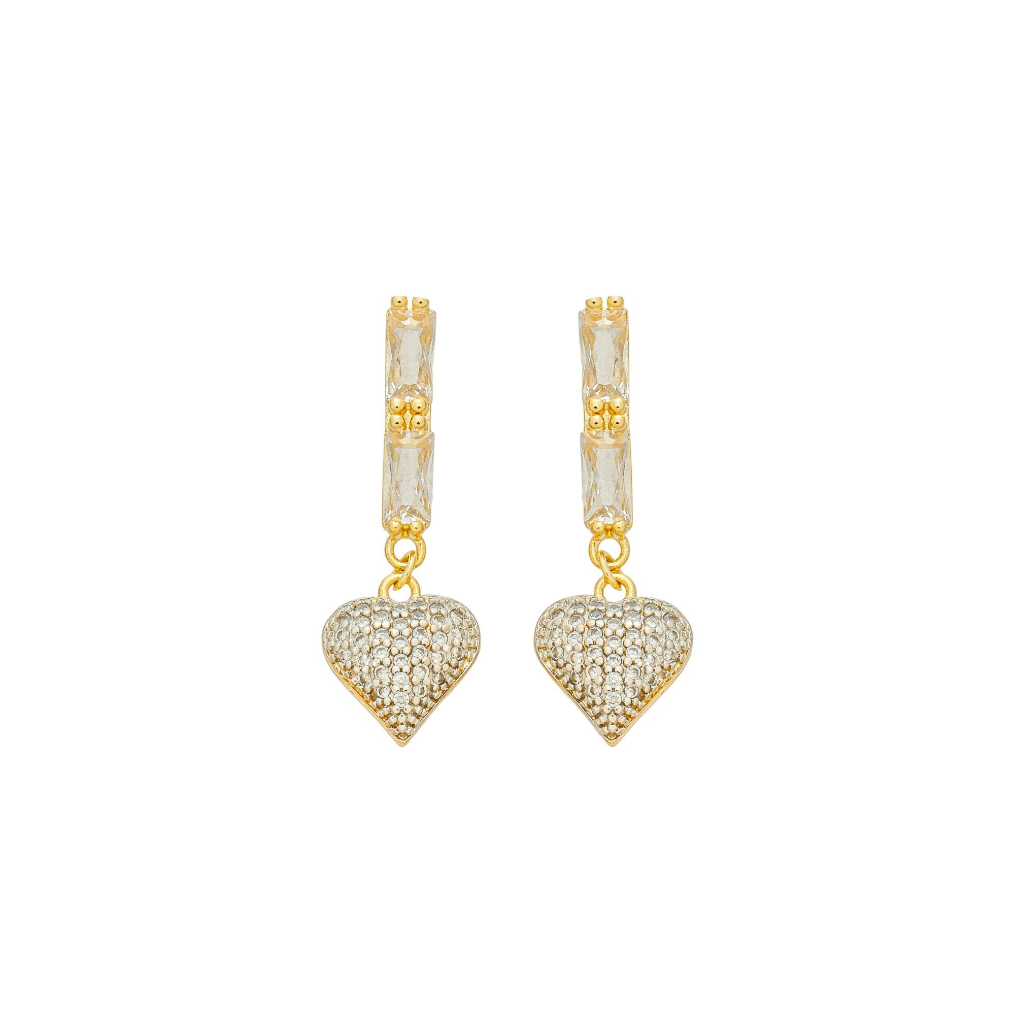 Brinco Folheado a Ouro 18k Zircônia Dupla Pingente Coração Cravejado