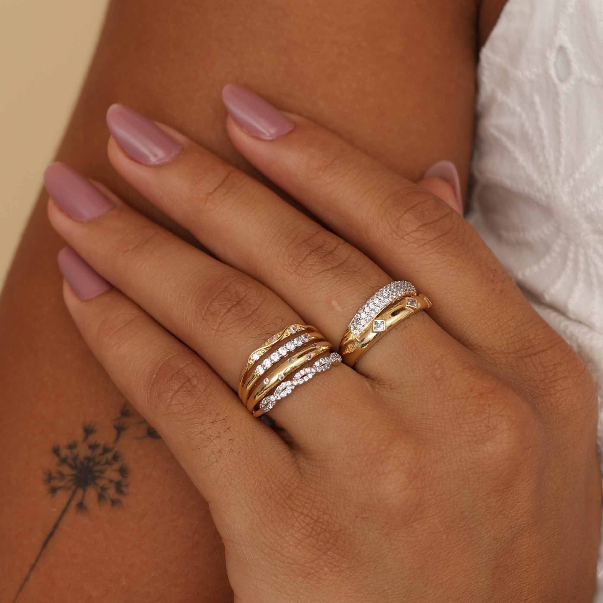 Anel Folheado a Ouro 18k Aros Aparadores Ponto de Luz, Cravejado e Entrelaçado Dourado 2