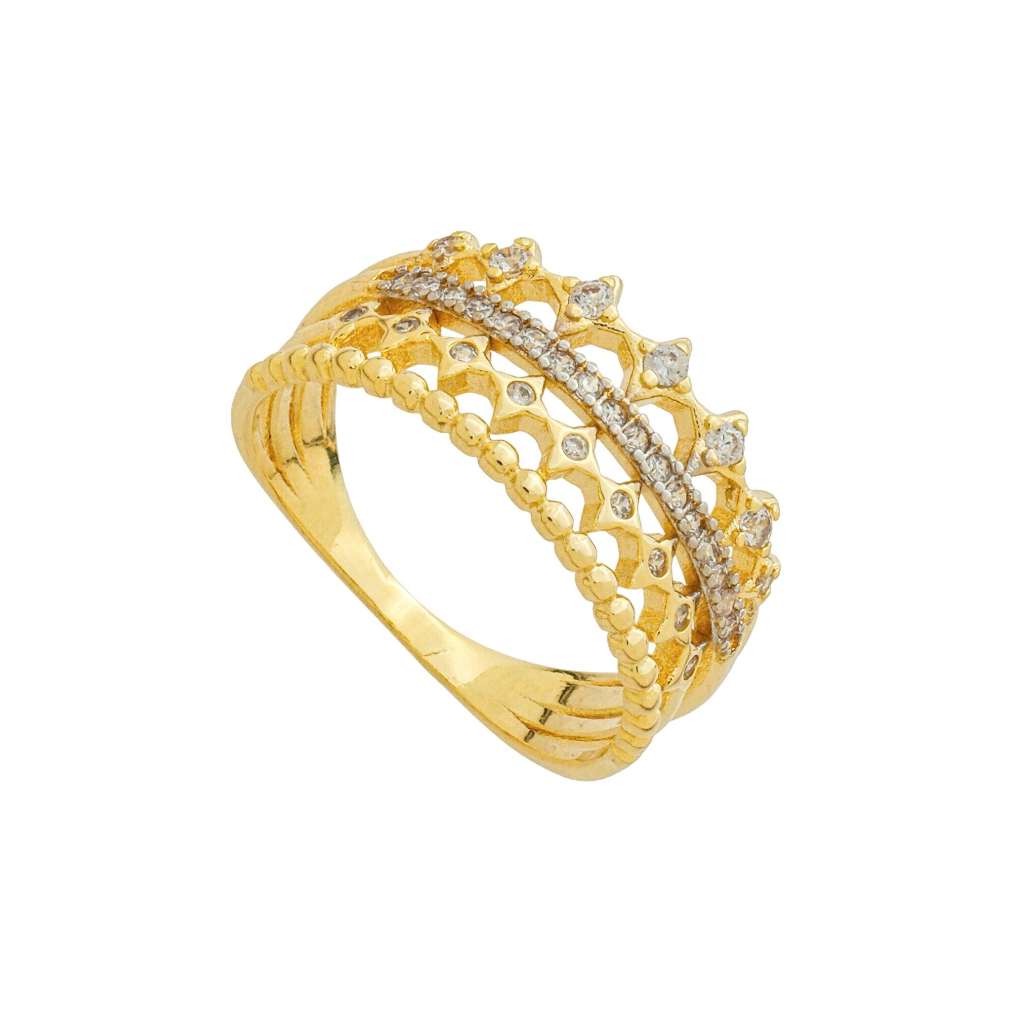 Anel Folheado a Ouro 18k Aros Aparador Gominhos, Cravejado e Estrelas Zircônia