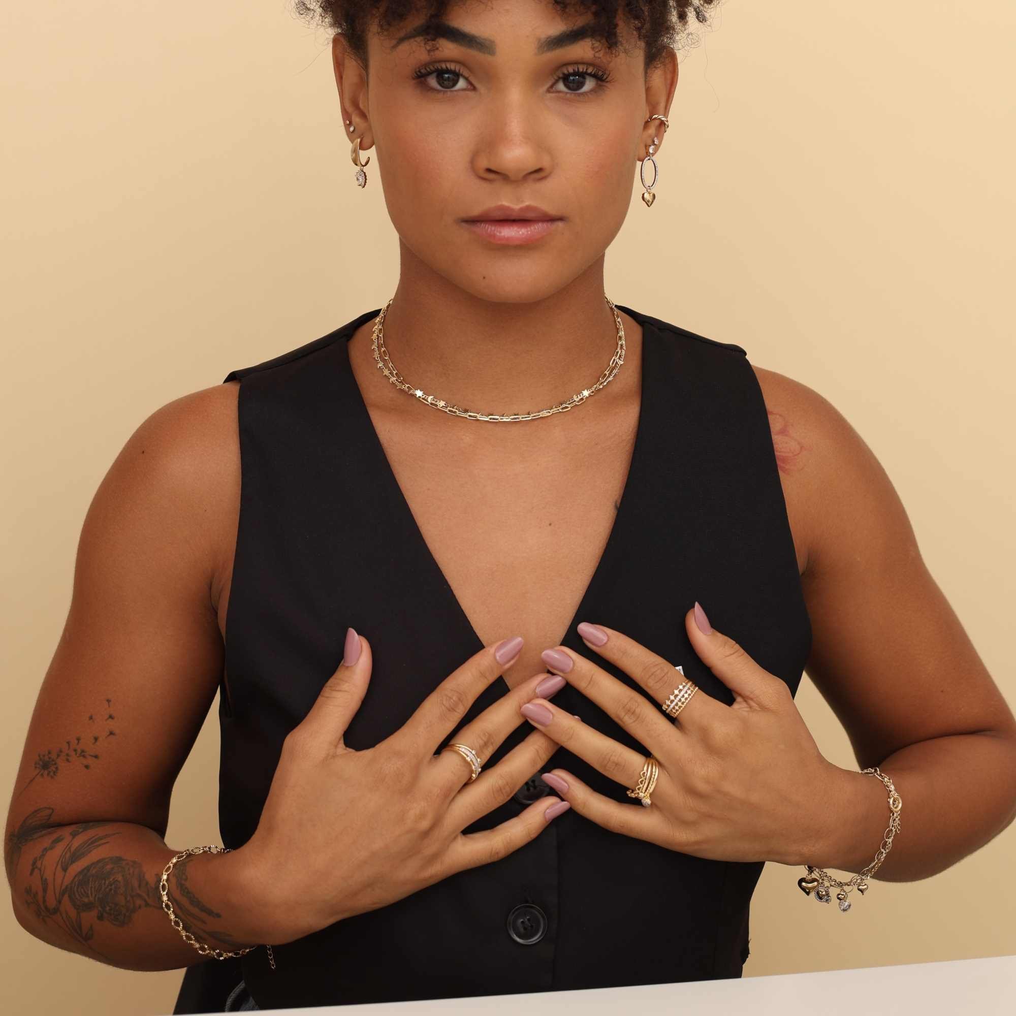 Anel Folheado a Ouro 18k Aros Aparador Gominhos, Cravejado e Estrelas Zircônia Dourado 3