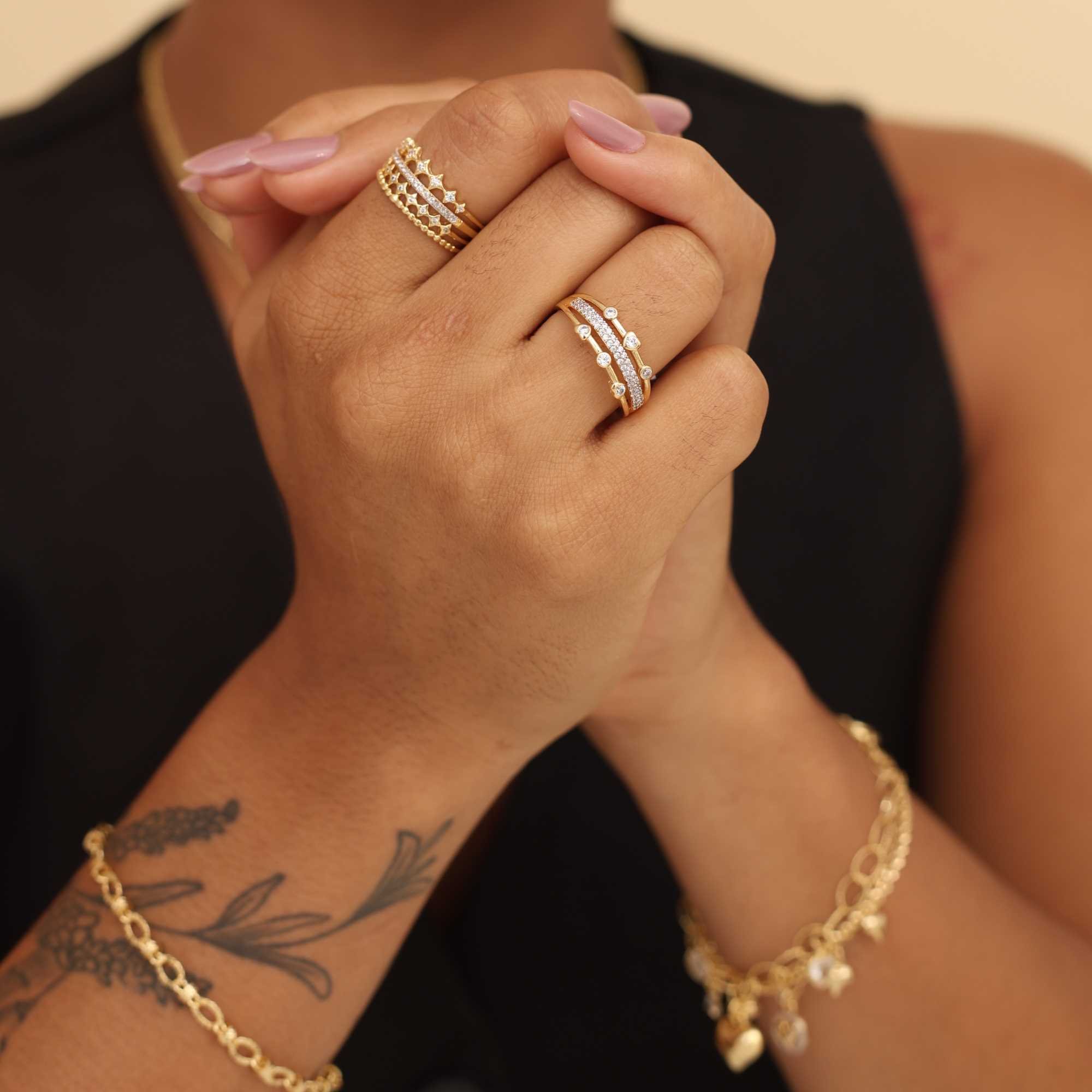Anel Folheado a Ouro 18k Aros Aparador Gominhos, Cravejado e Estrelas Zircônia Dourado 7