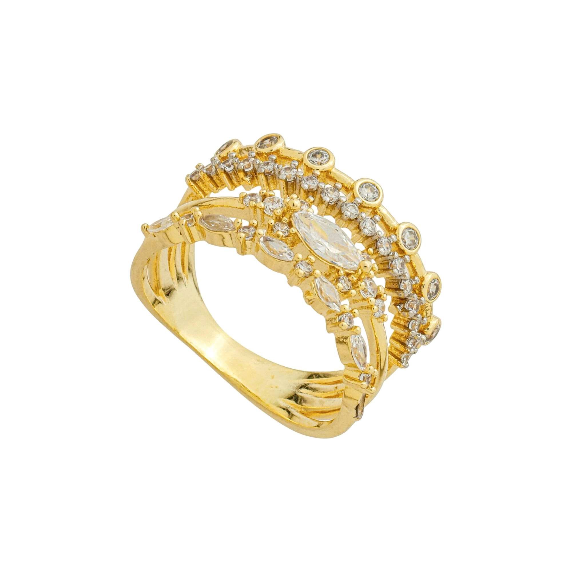 Anel Folheado a Ouro 18k Aros Aparador Cravejado, Ponto de Luz e Losangos