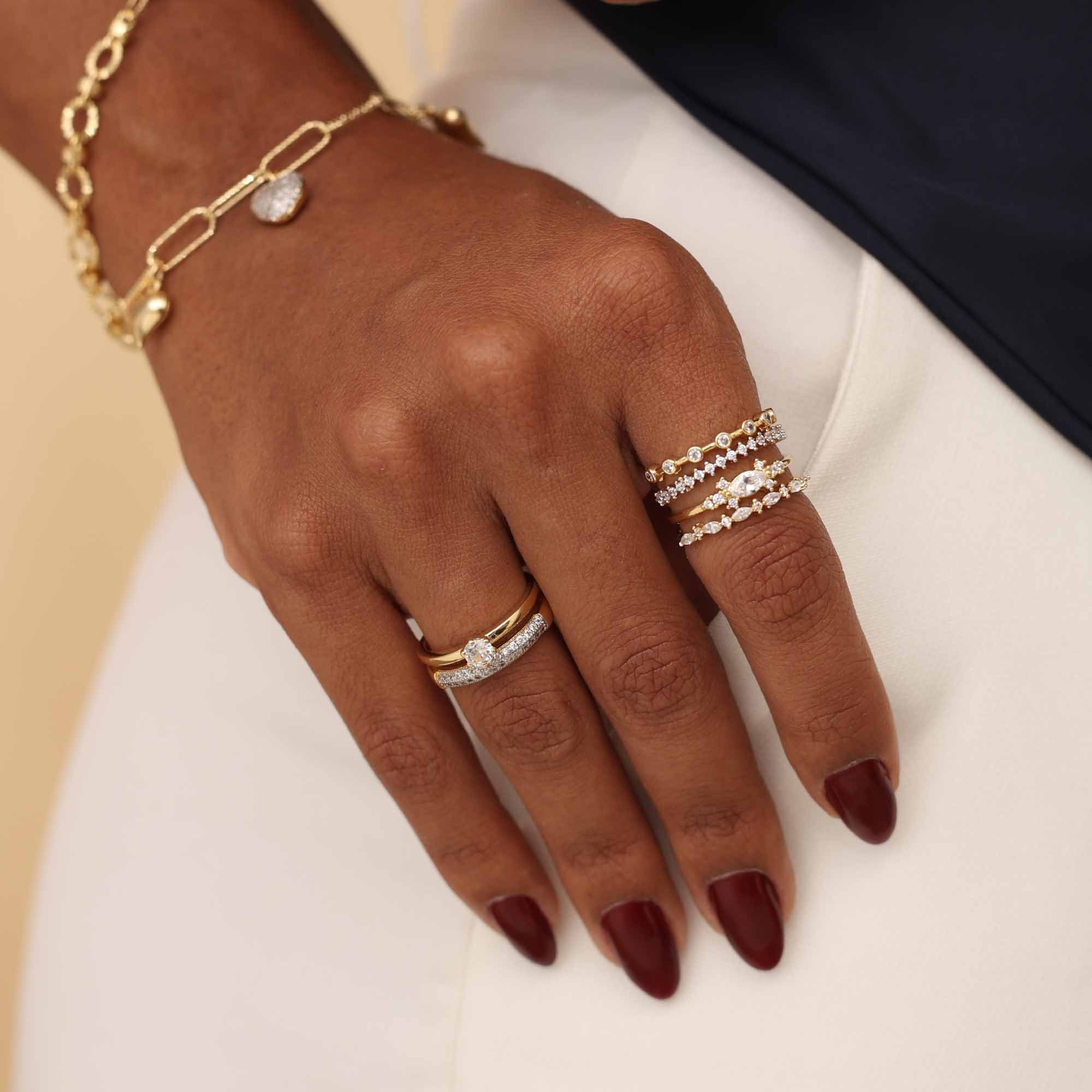 Anel Folheado a Ouro 18k Aros Aparador Cravejado, Ponto de Luz e Losangos Dourado 2