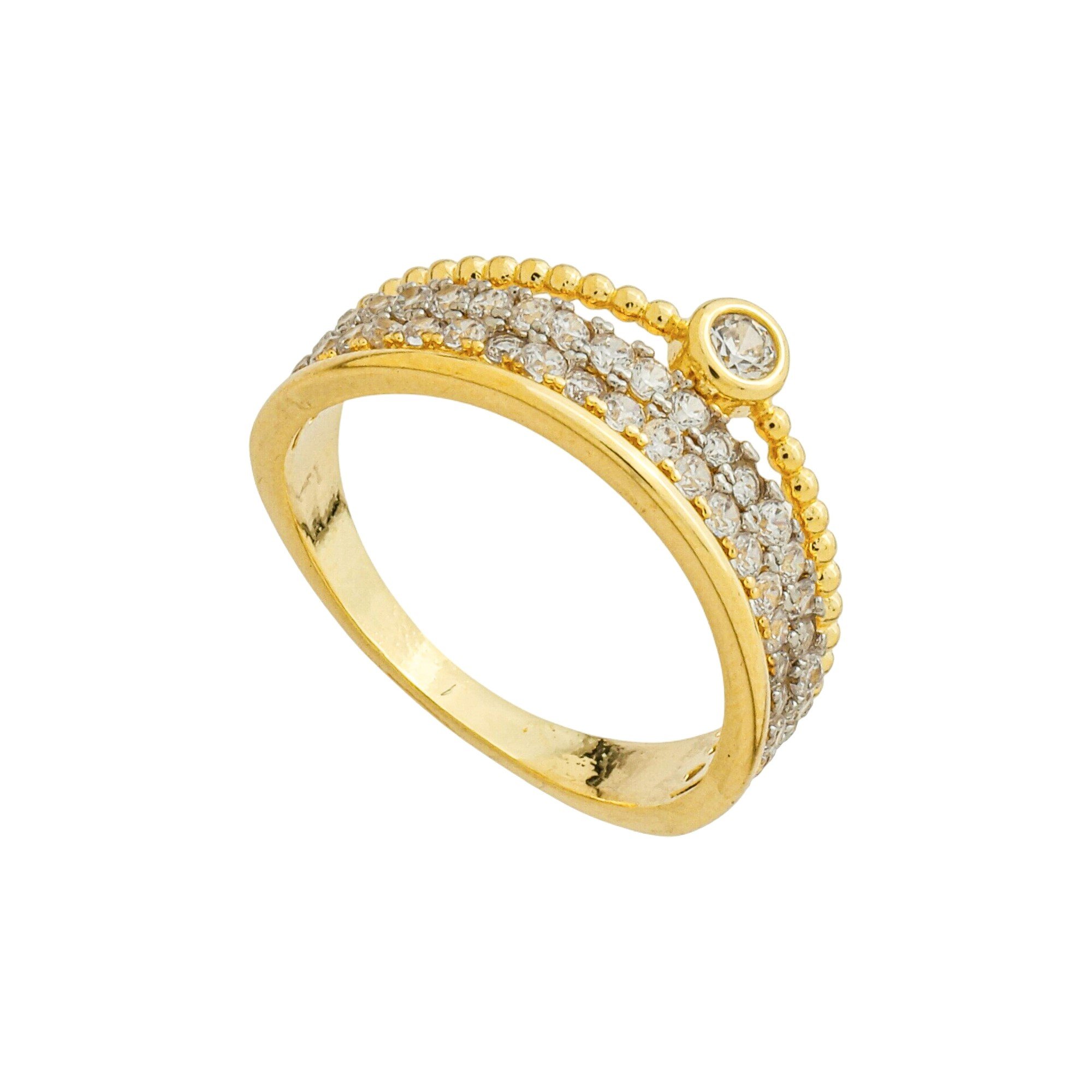 Anel Folheado a Ouro 18k Triplo Aparador Liso e Cravejado com Solitário