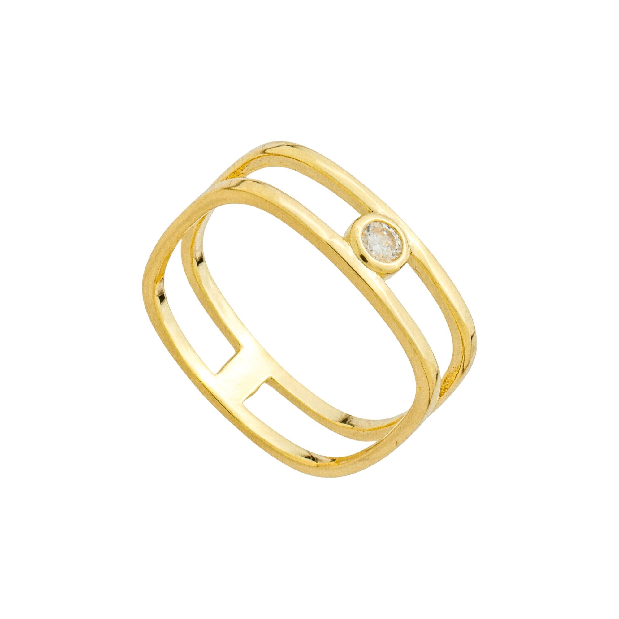 Anel Folheado a Ouro 18k Duplo Quadrado e Zircônia Ponto de Luz
