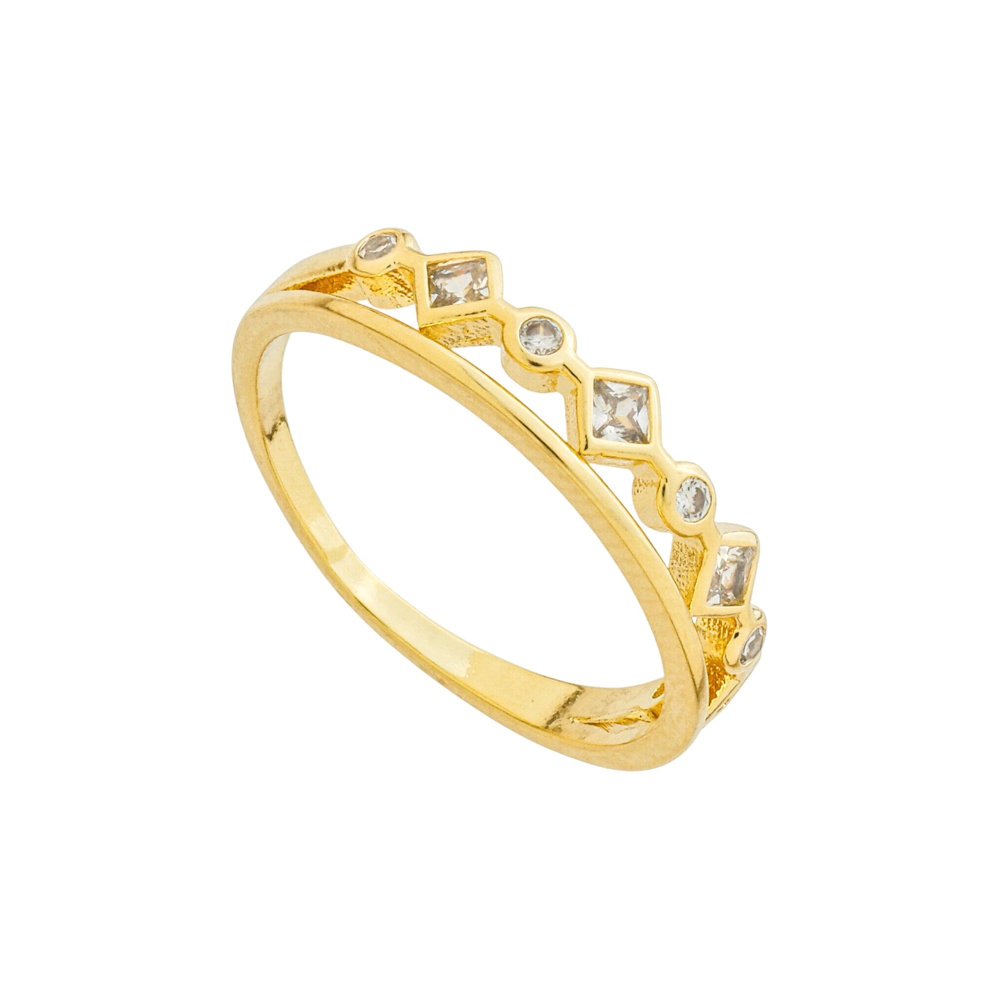 Anel Folheado a Ouro 18k Duplo Aro Liso, Losangos e Ponto de Luz Zircônia