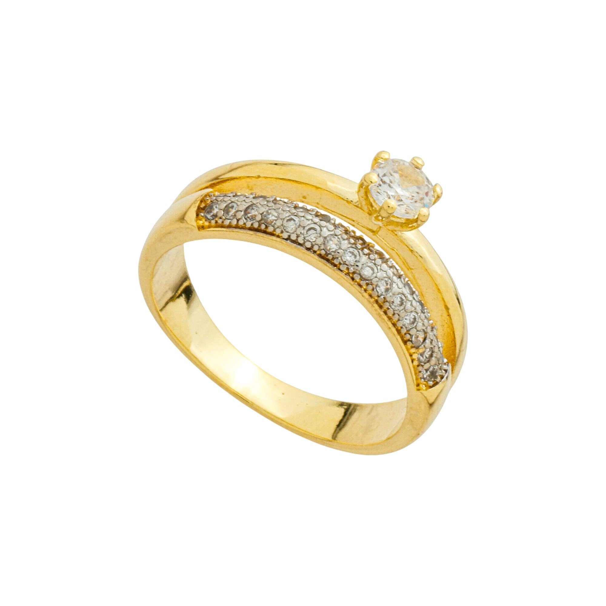Anel Folheado a Ouro 18k Duplo Aparador Cravejado e Solitário Zircônia 4mm