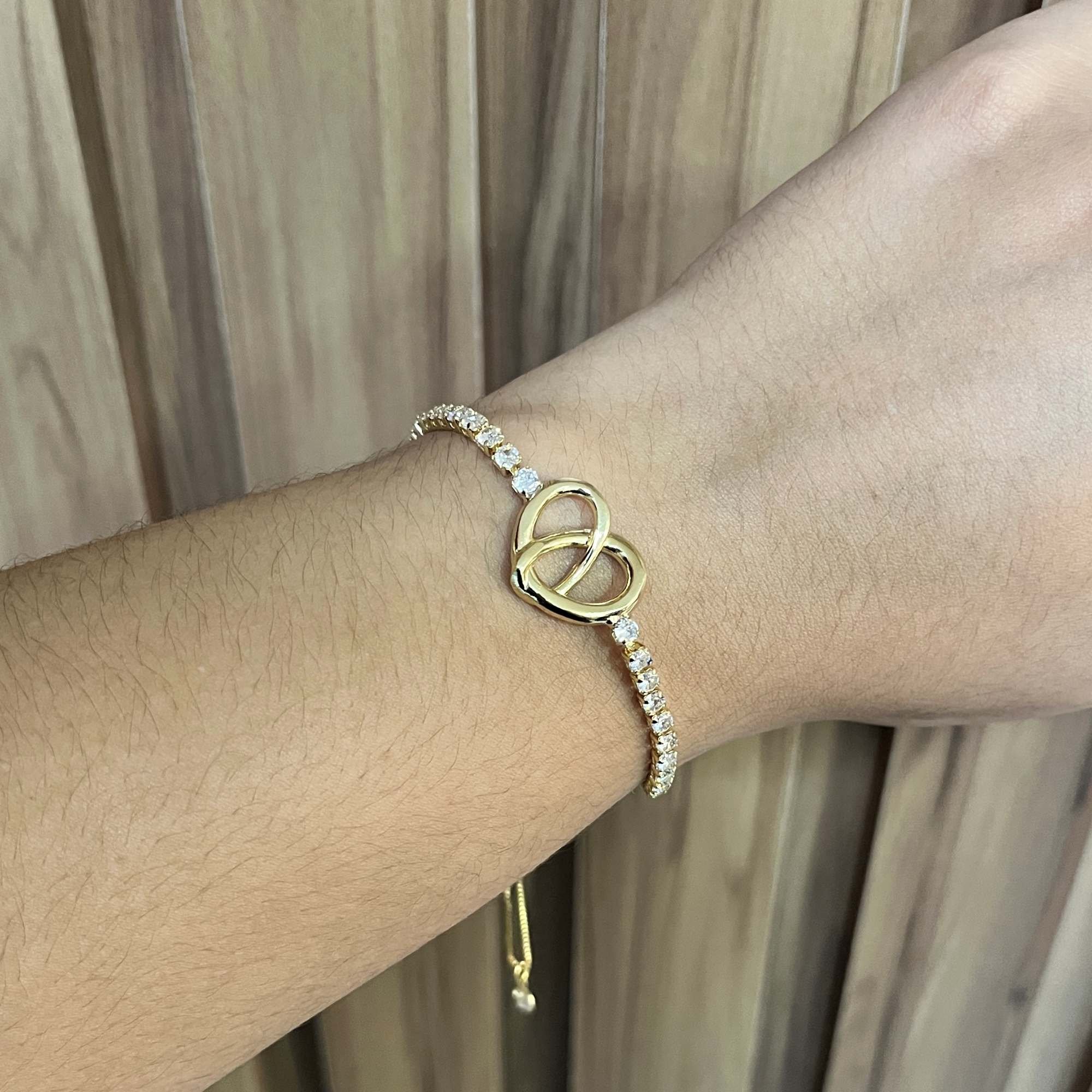 Pulseira Folheado a Ouro 18k Regulável Riviera e Coração Vazado Dourado 3
