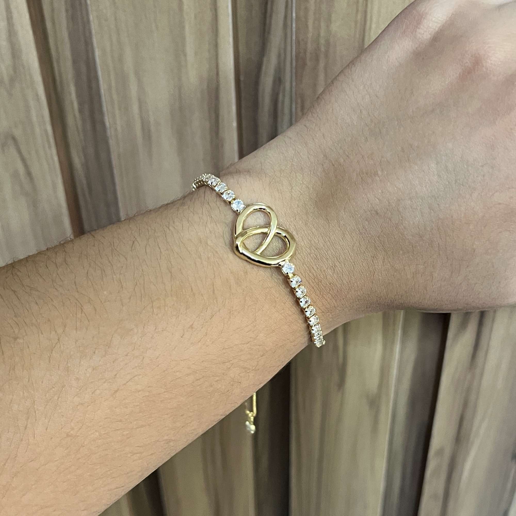 Pulseira Folheado a Ouro 18k Regulável Riviera e Coração Vazado Dourado 4