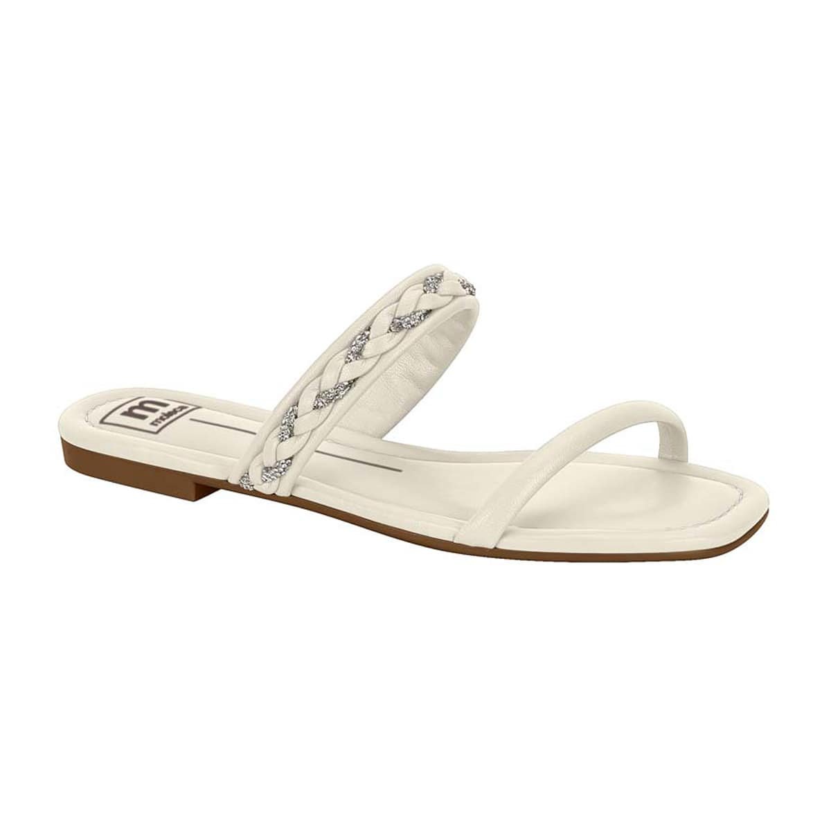 Sandália Rasteira Flat Tira Trançada com Strass Feminina Moleca Branco 1