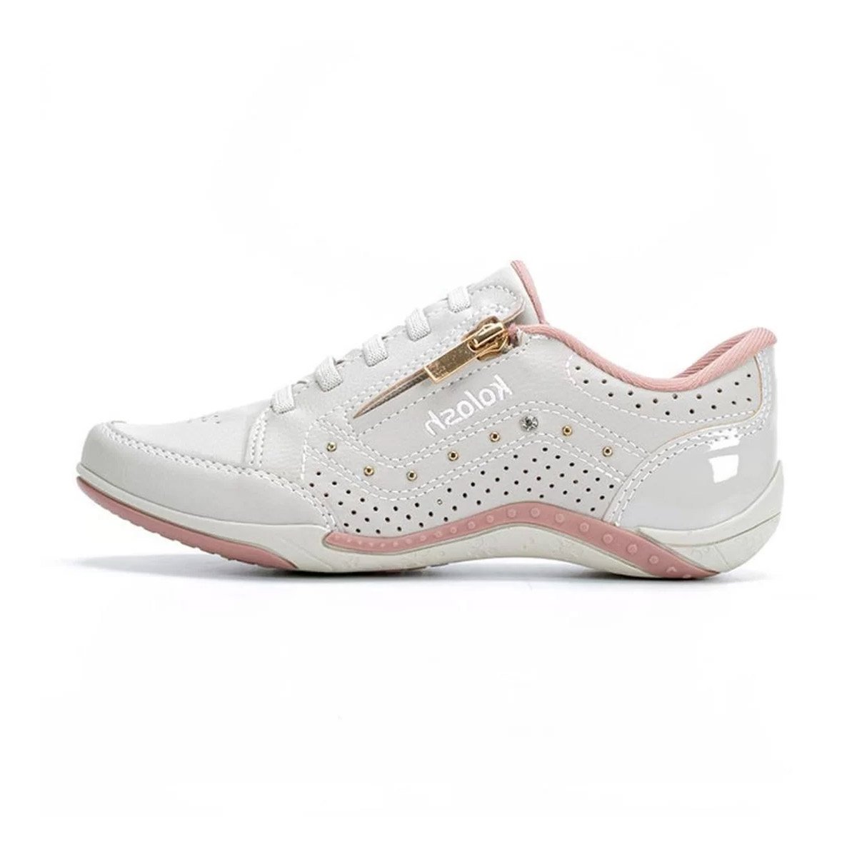 Tênis Casual Feminino Kolosh Calce Fácil Com Zíper Branco/Rosa 2
