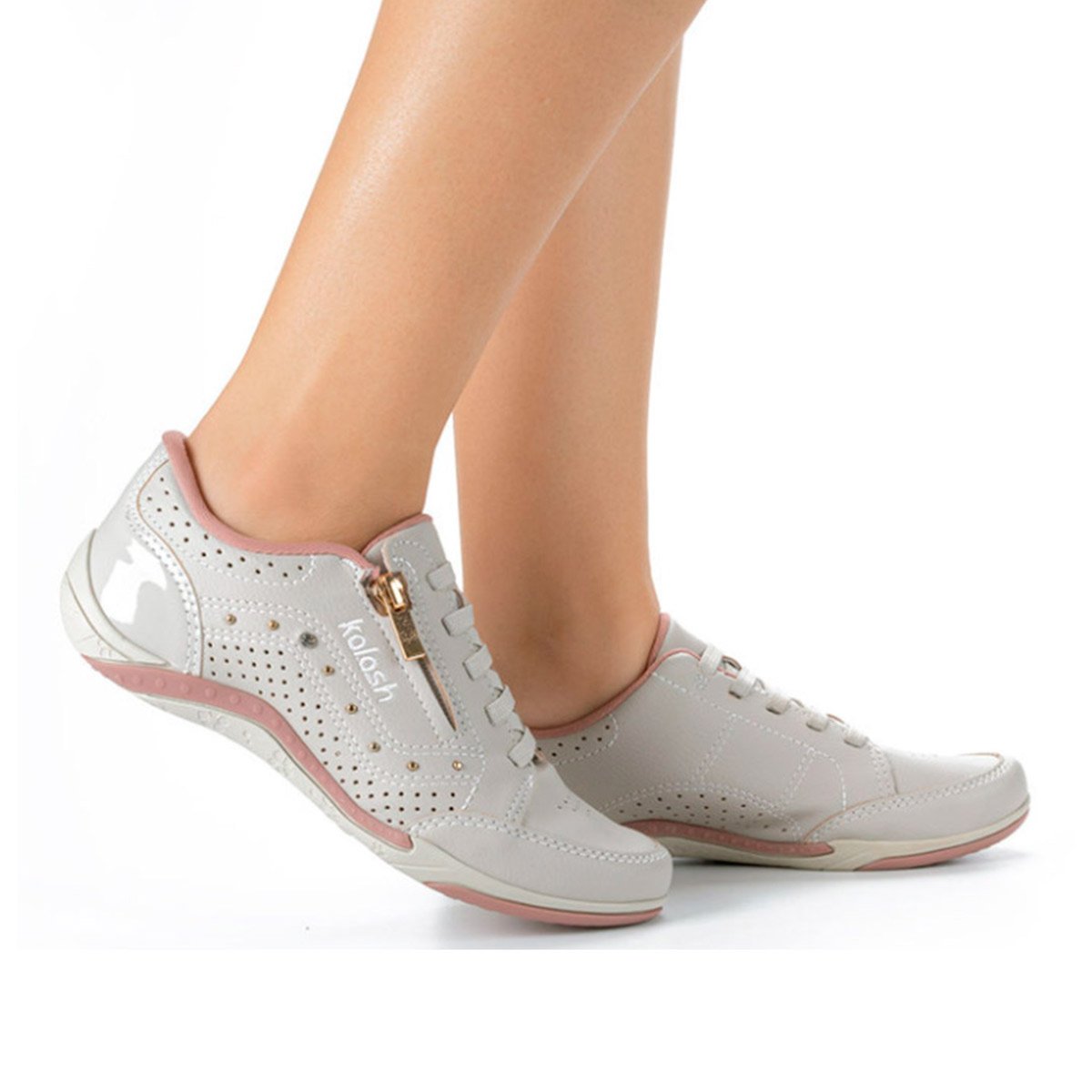 Tênis Casual Feminino Kolosh Calce Fácil Com Zíper Branco/Rosa 6