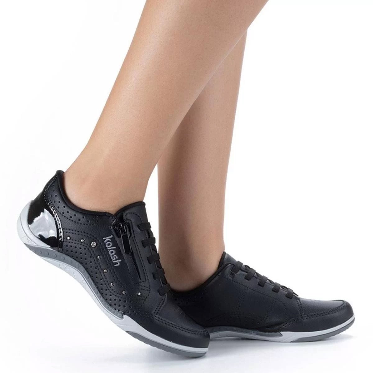 Tênis Casual Feminino Kolosh Calce Fácil Com Zíper Preto