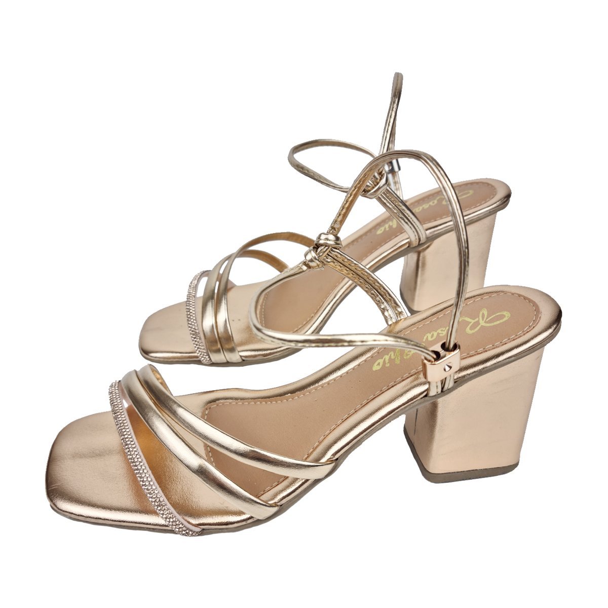 Sandália Salto Bloco Tiras Detalhadas Feminino Rosa Chic Dourado 2