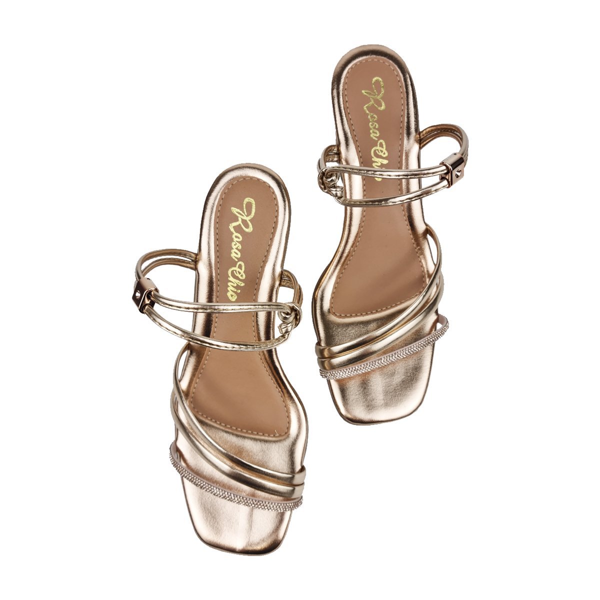 Sandália Salto Bloco Tiras Detalhadas Feminino Rosa Chic Dourado 4