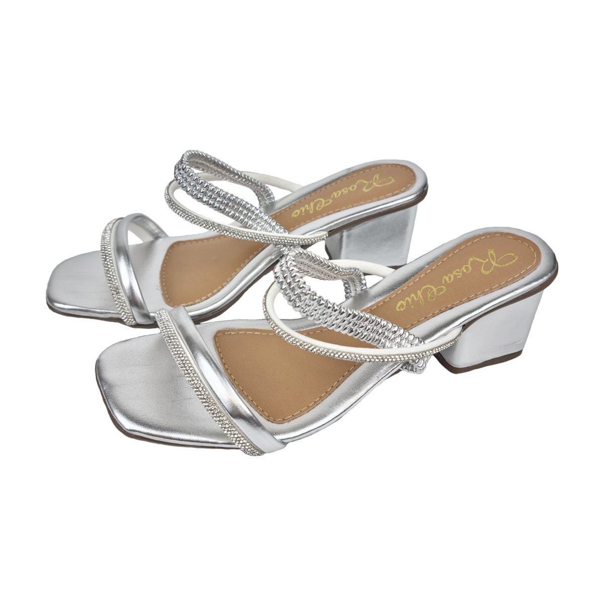 Sandália Salto Baixo Tiras com Strass Feminino Rosa Chic Prata 3
