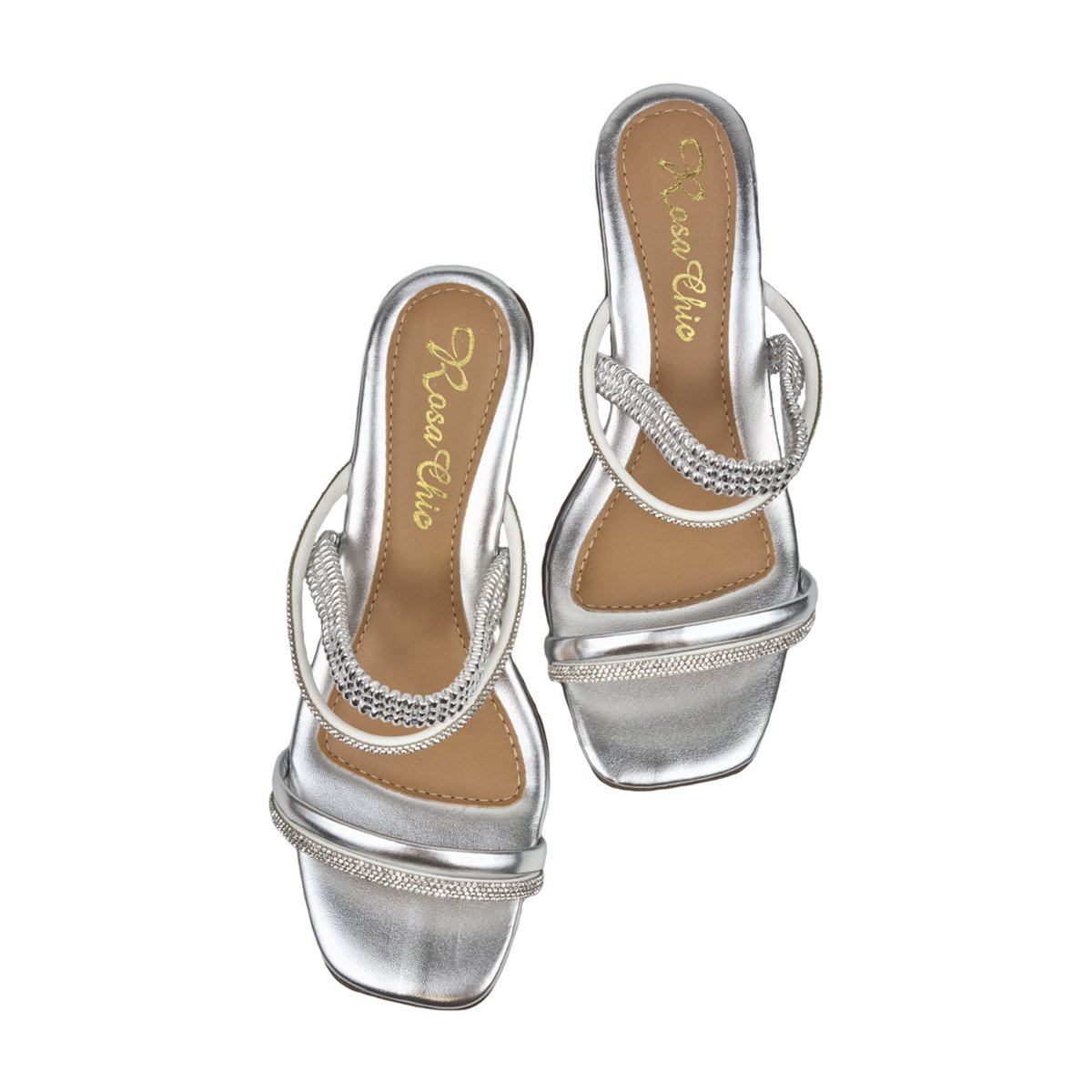 Sandália Salto Baixo Tiras com Strass Feminino Rosa Chic Prata 4