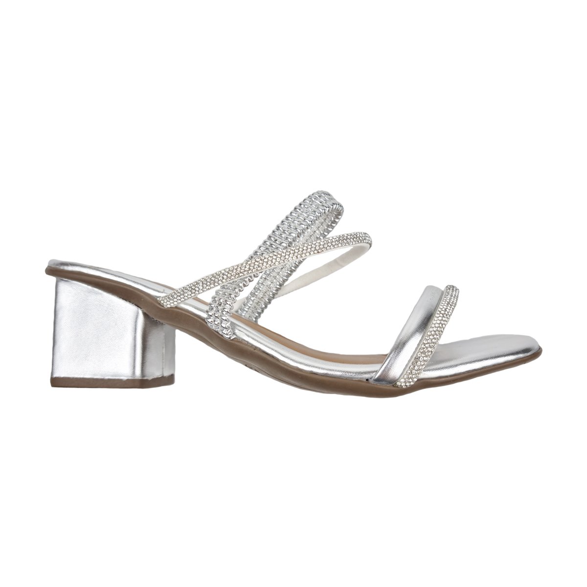 Sandália Salto Baixo Tiras com Strass Feminino Rosa Chic Prata 5