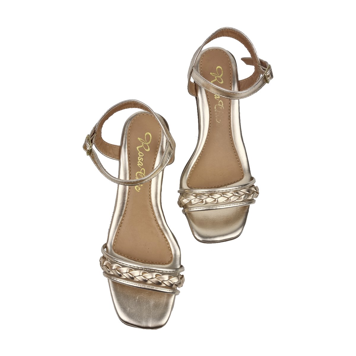 Sandália Salto Médio Tira Slide Trançada Feminino Rosa Chic Dourado 3