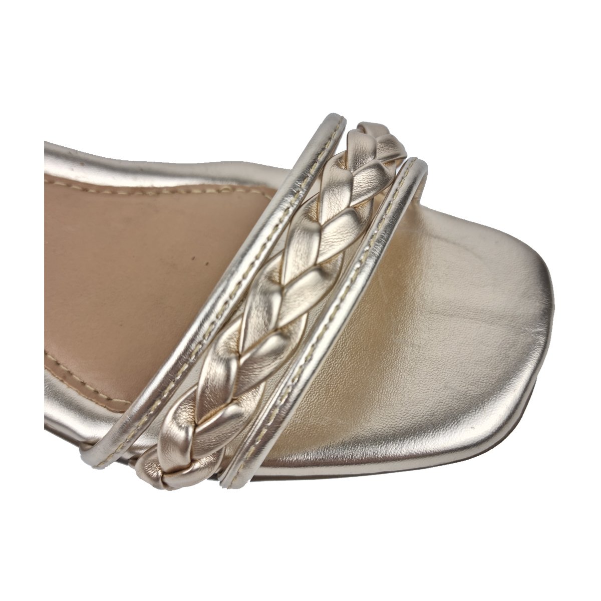 Sandália Salto Médio Tira Slide Trançada Feminino Rosa Chic Dourado 4