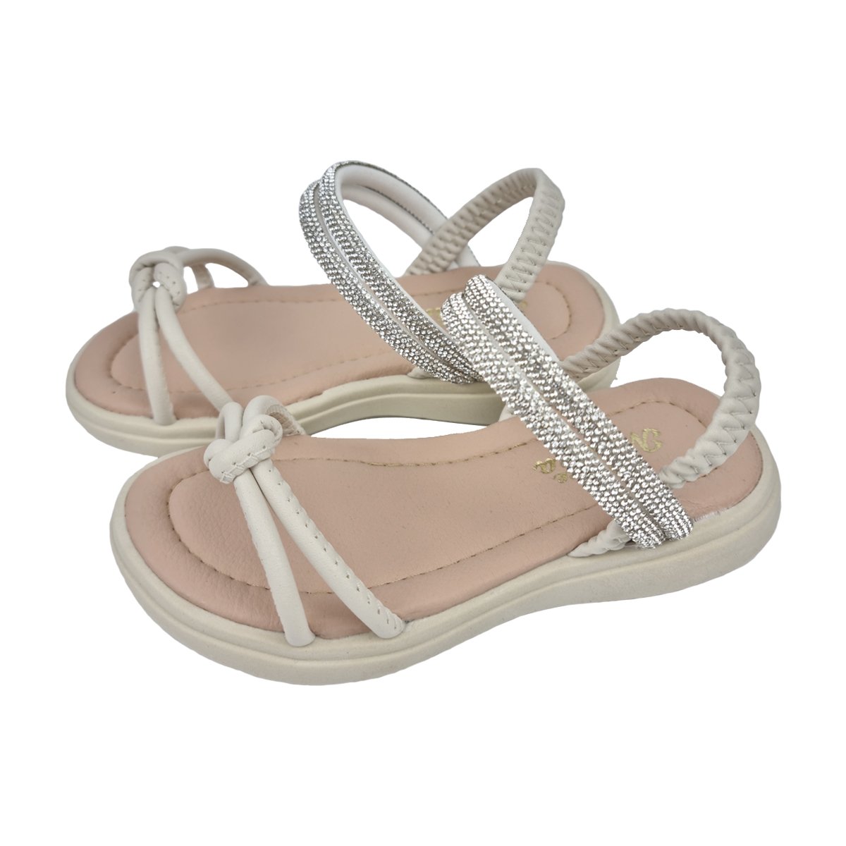 Sandália Casual Detalhes em Nó e Strass Infantil Doce Menina Branco 2