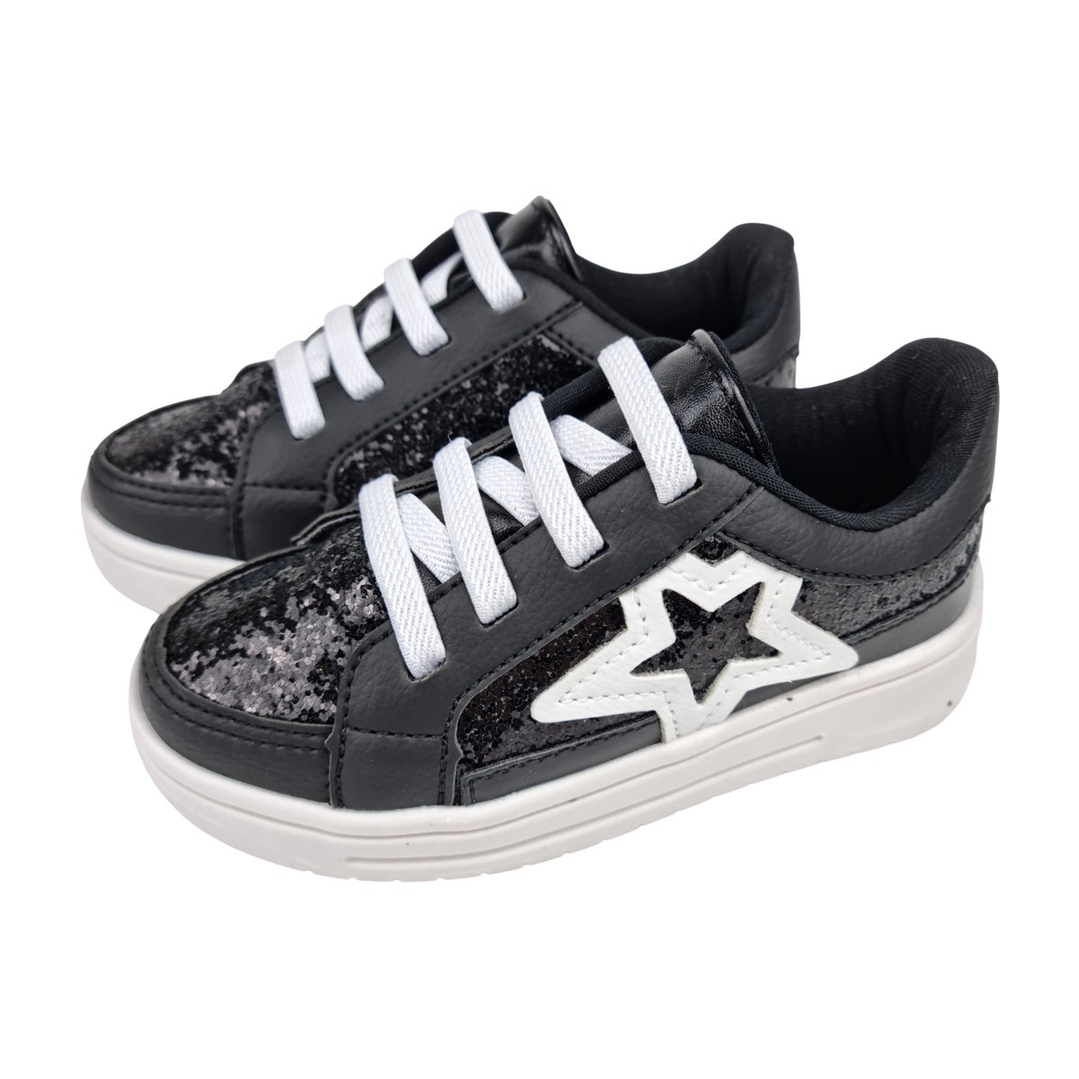 Tênis Casual Brilhoso Aplique Star Unissex Infantil Krisle Preto/Branco 3
