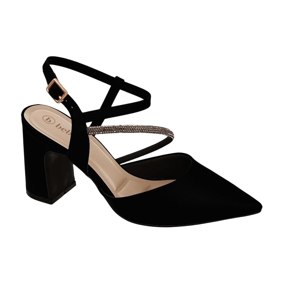 Scarpin Bebecê Salto Bloco Estiloso com Tira de Strass Preto/Nobuck 1