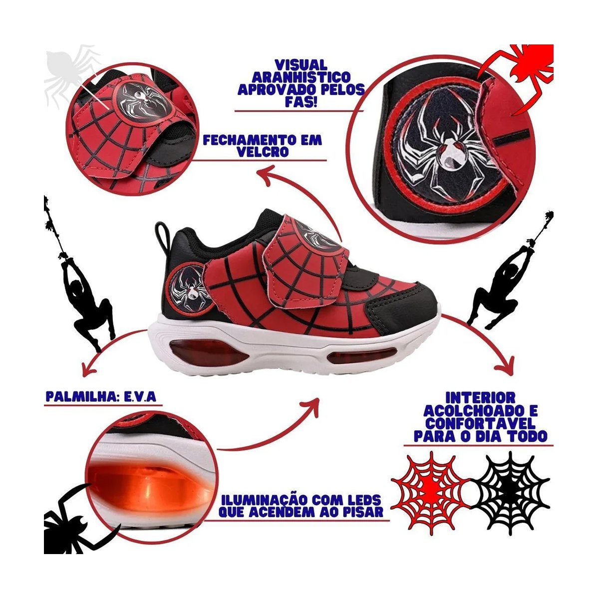 Tênis Infantil Calce Fácil Aranha Estiloso com Led Menino Mini Pé Preto/Vermelho 6
