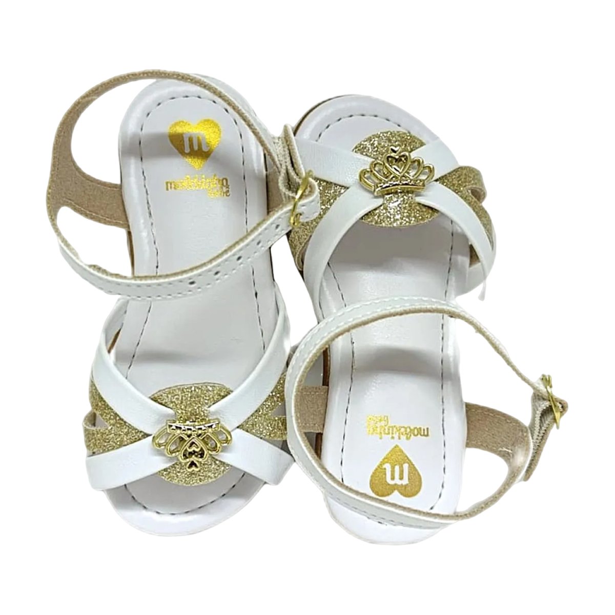 Sandália Confortável com Glitter e Aplique Coroa Menina Molekinha Branco/Ouro/Verniz 2