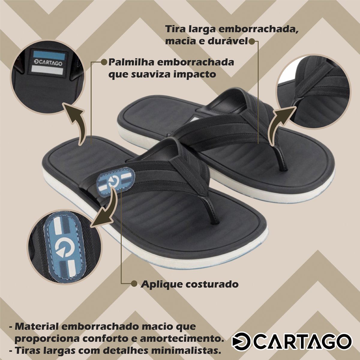 Chinelo Casual Palmilha Macia Masculino Paris II Cartago Preto 2