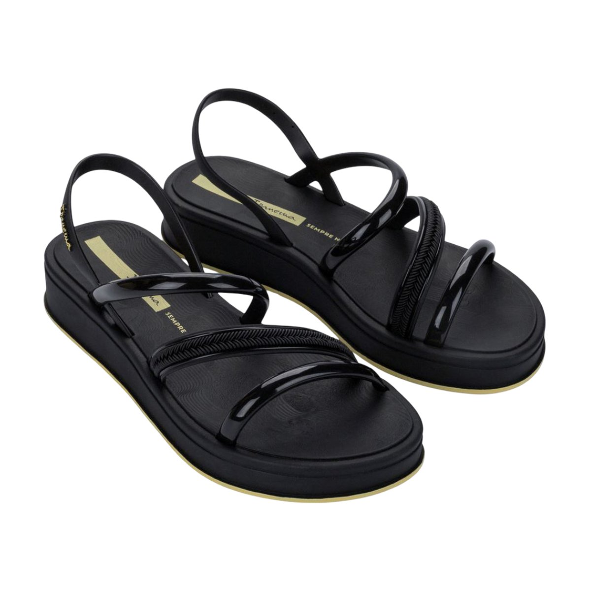 Chinelo Slide Tiras Finas Plataforma Baixa Feminino Ipanema Preto/Amarelo 2