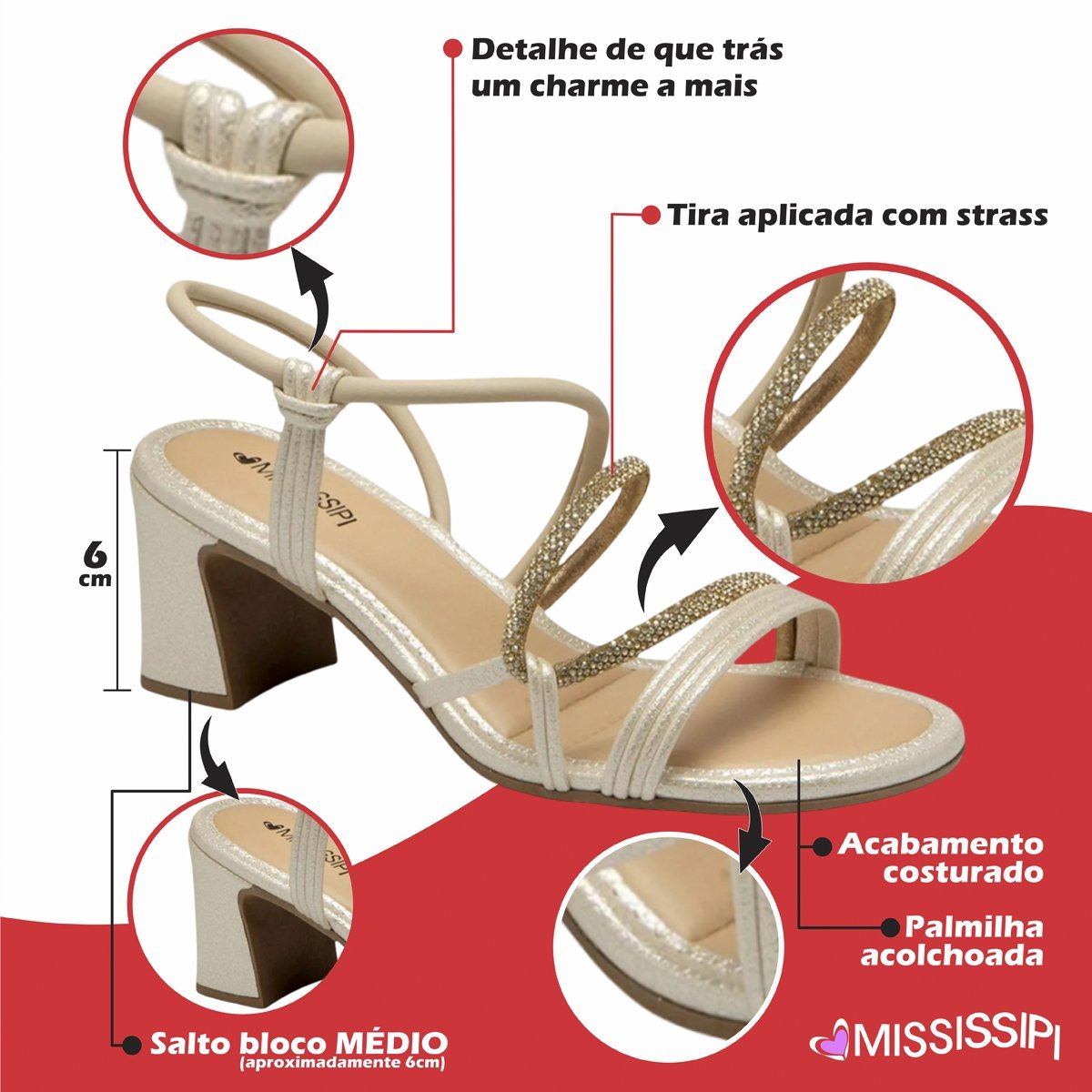 Sandália Salto Médio Grosso Tira Brilhante Feminino Mississipi Pérola/Ouro 8